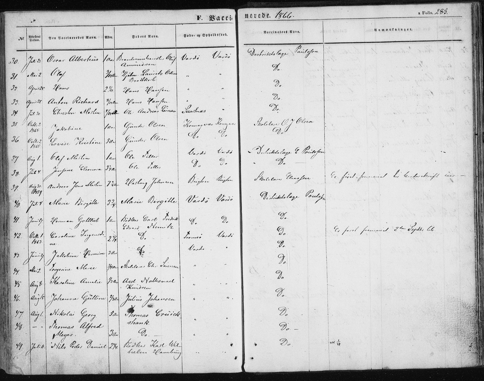 Vardø sokneprestkontor, SATØ/S-1332/H/Ha/L0004kirke: Parish register (official) no. 4, 1862-1871, p. 283