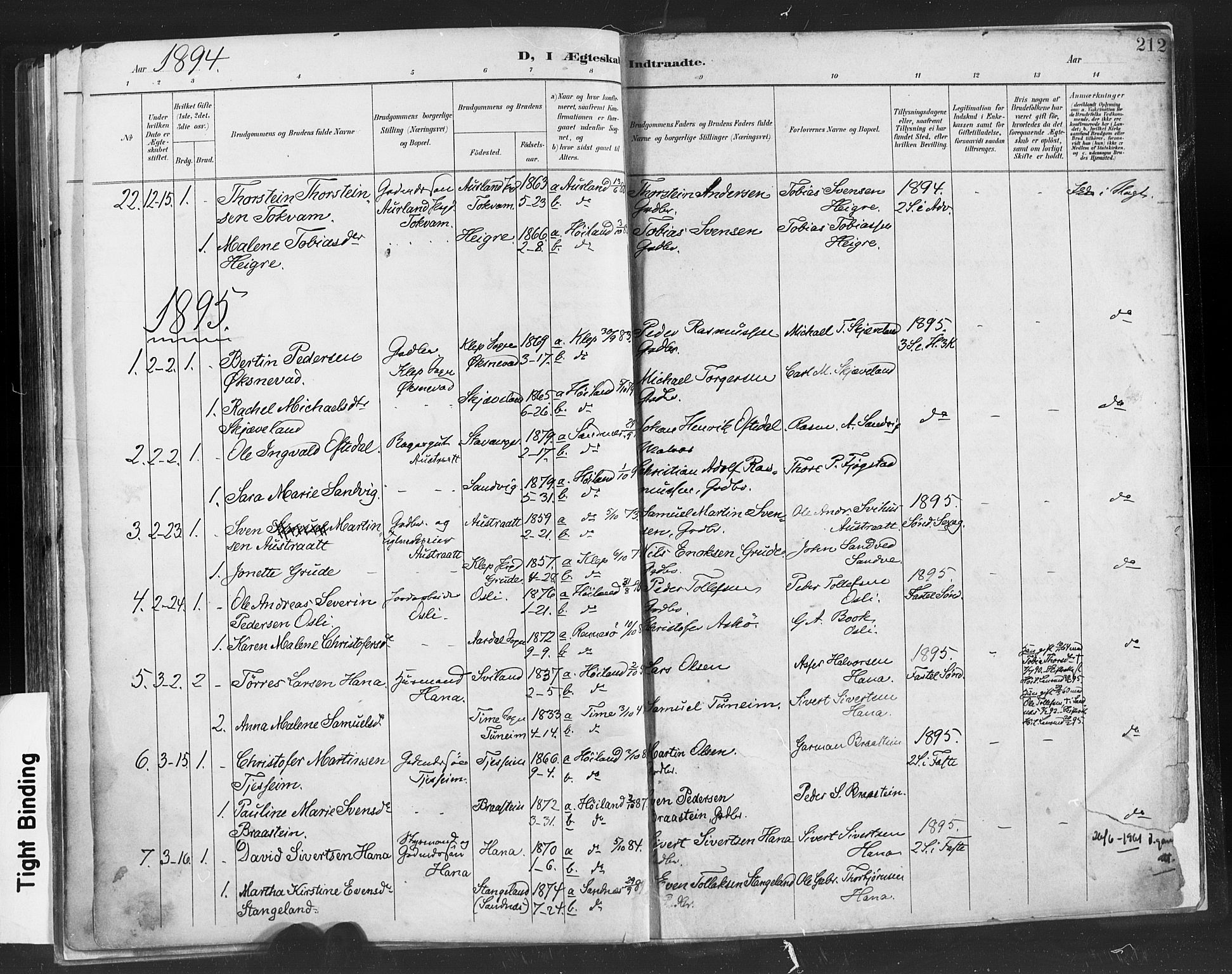 Høyland sokneprestkontor, SAST/A-101799/001/30BA/L0013: Parish register (official) no. A 13.1, 1889-1898, p. 212