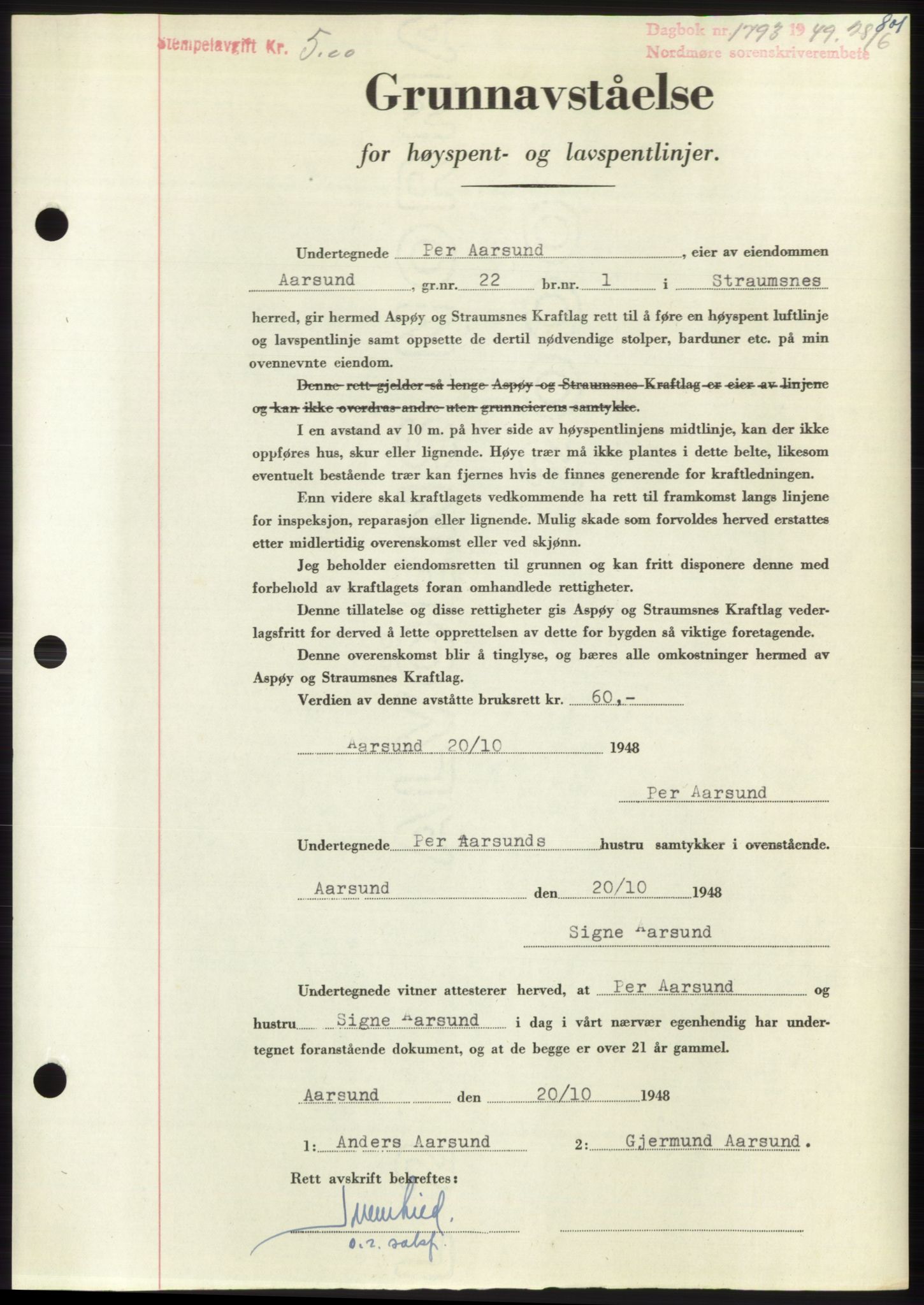 Nordmøre sorenskriveri, AV/SAT-A-4132/1/2/2Ca: Mortgage book no. B101, 1949-1949, Diary no: : 1793/1949