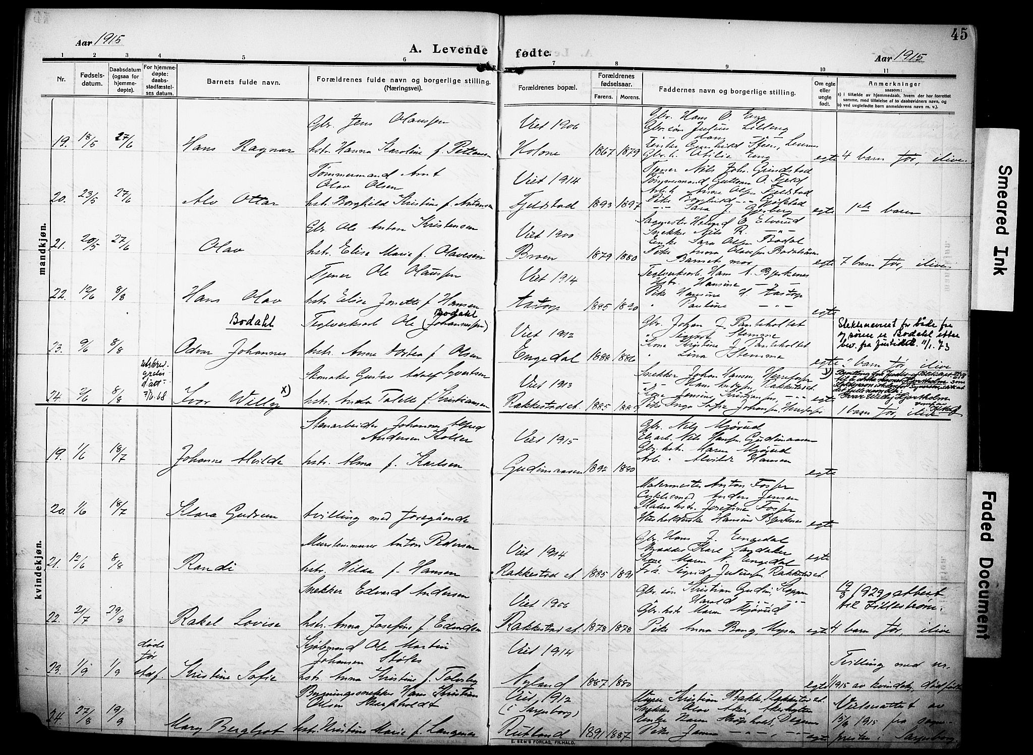 Rakkestad prestekontor Kirkebøker, AV/SAO-A-2008/F/Fa/L0015: Parish register (official) no. I 15, 1909-1922, p. 45