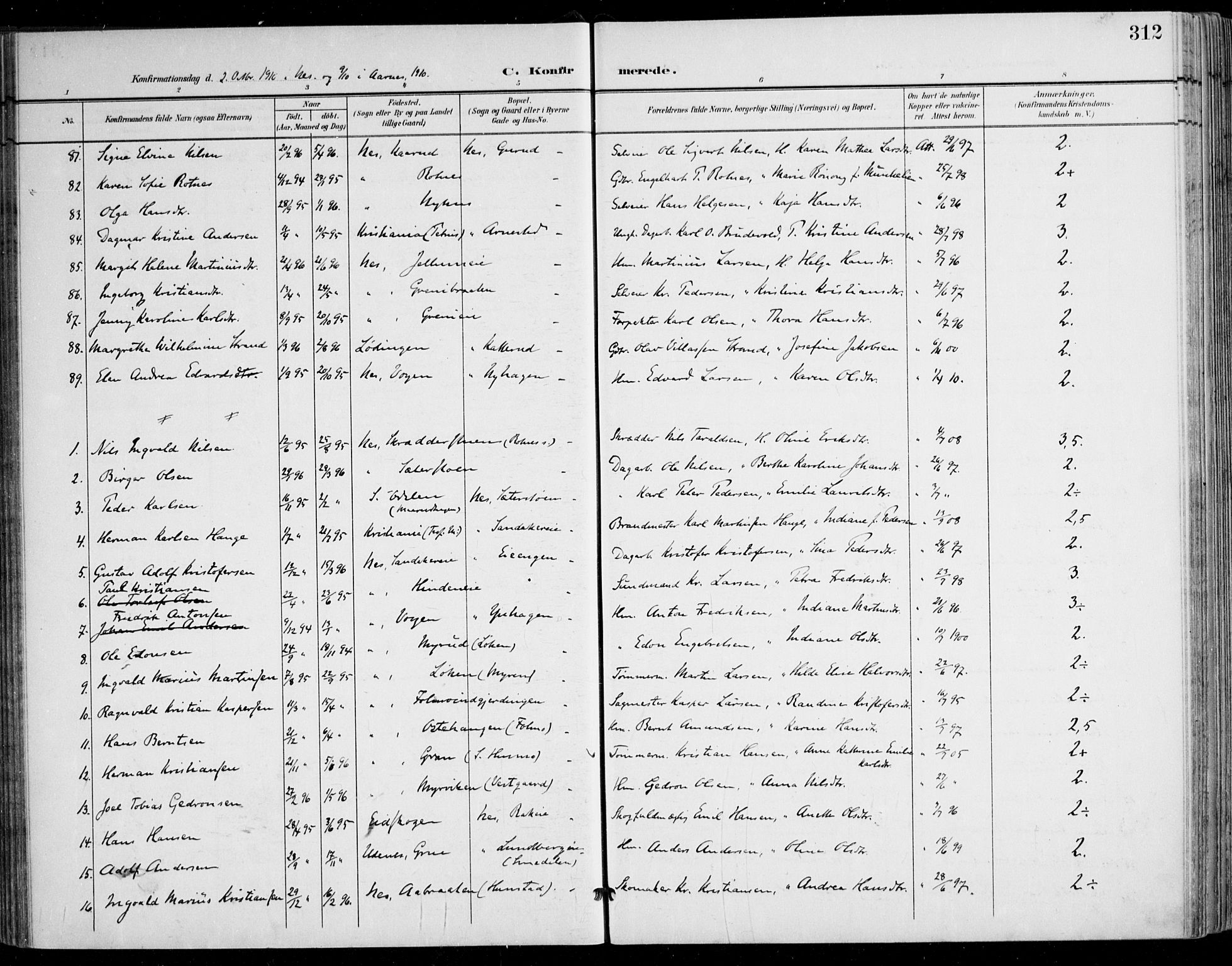 Nes prestekontor Kirkebøker, AV/SAO-A-10410/F/Fa/L0011: Parish register (official) no. I 11, 1899-1918, p. 312