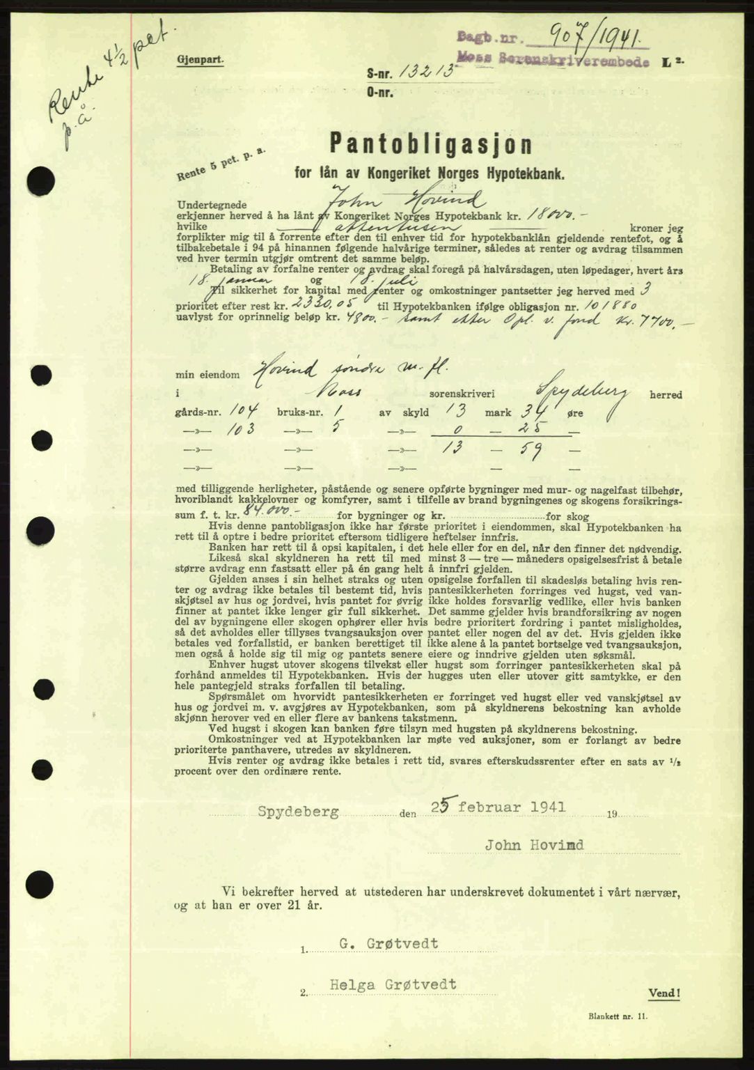 Moss sorenskriveri, SAO/A-10168: Mortgage book no. B10, 1940-1941, Diary no: : 907/1941