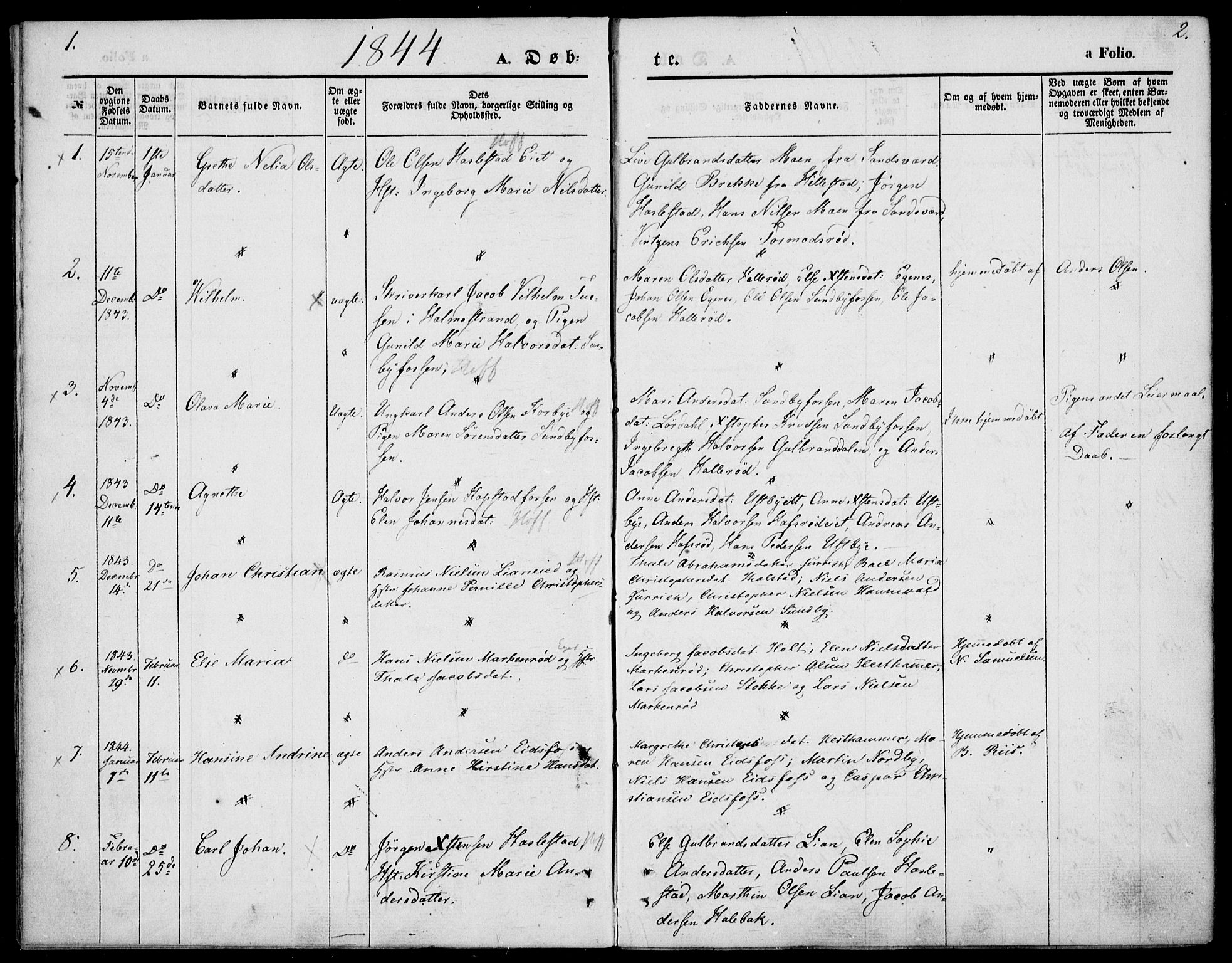 Hof kirkebøker, AV/SAKO-A-64/F/Fa/L0005: Parish register (official) no. I 5, 1844-1851, p. 1-2