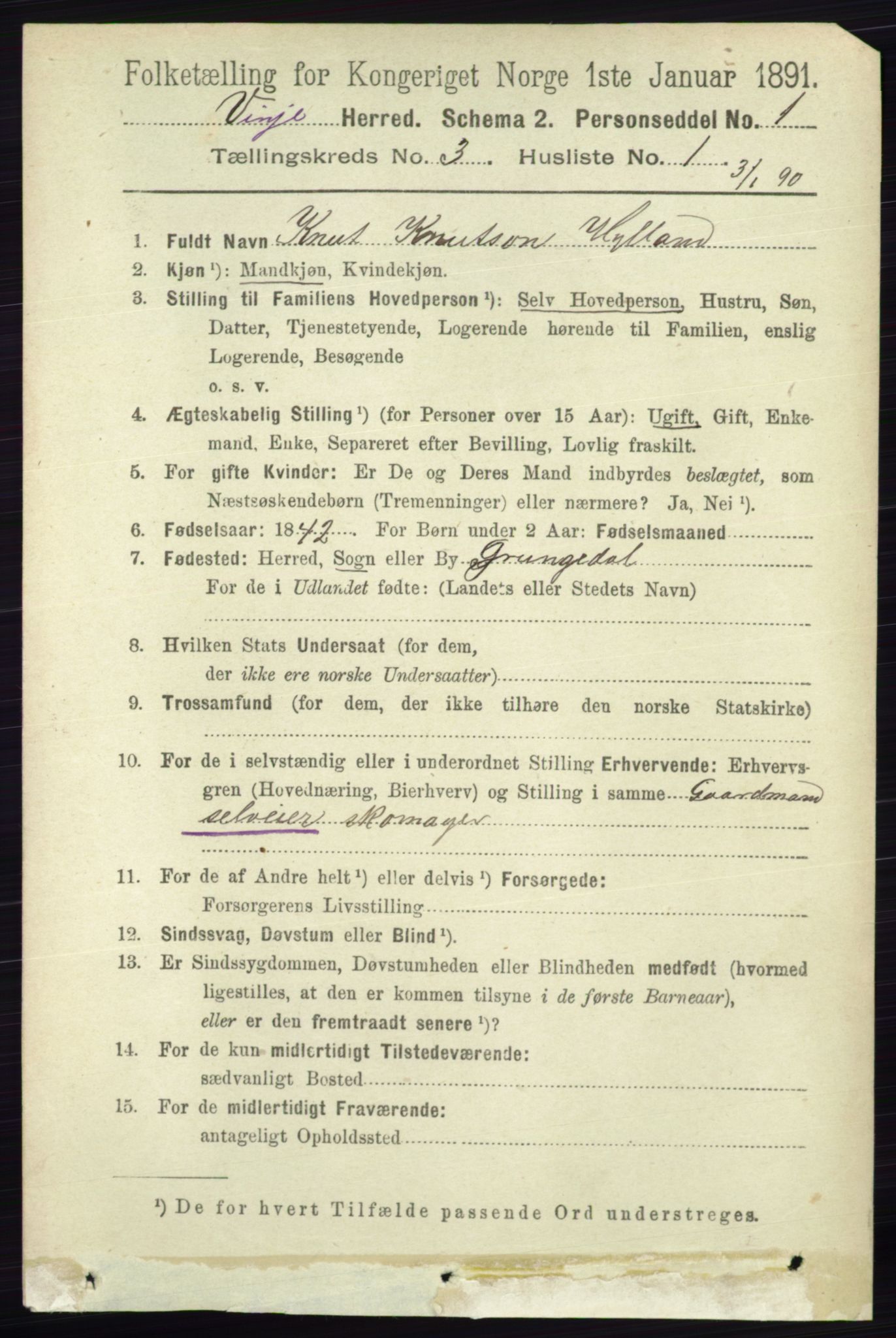 RA, 1891 census for 0834 Vinje, 1891, p. 644