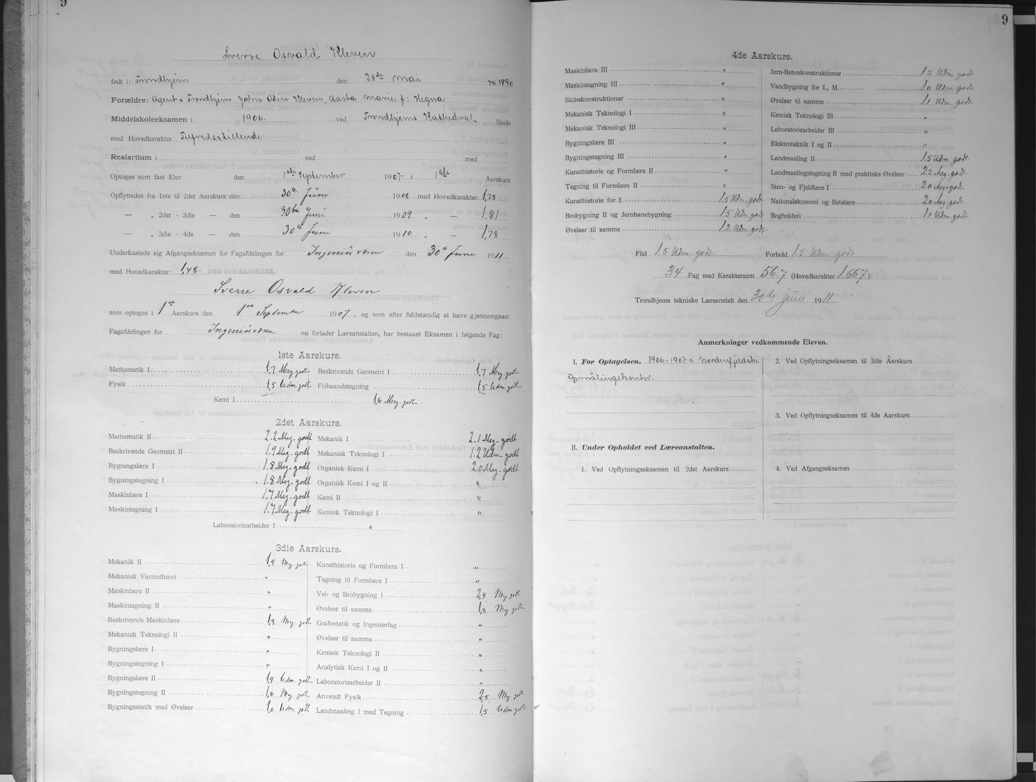 Trondhjems tekniske læreanstalt, AV/SAT-A-1622/G/Ga/L0049: Karakterprotokoll, faste elever, 1907-1912