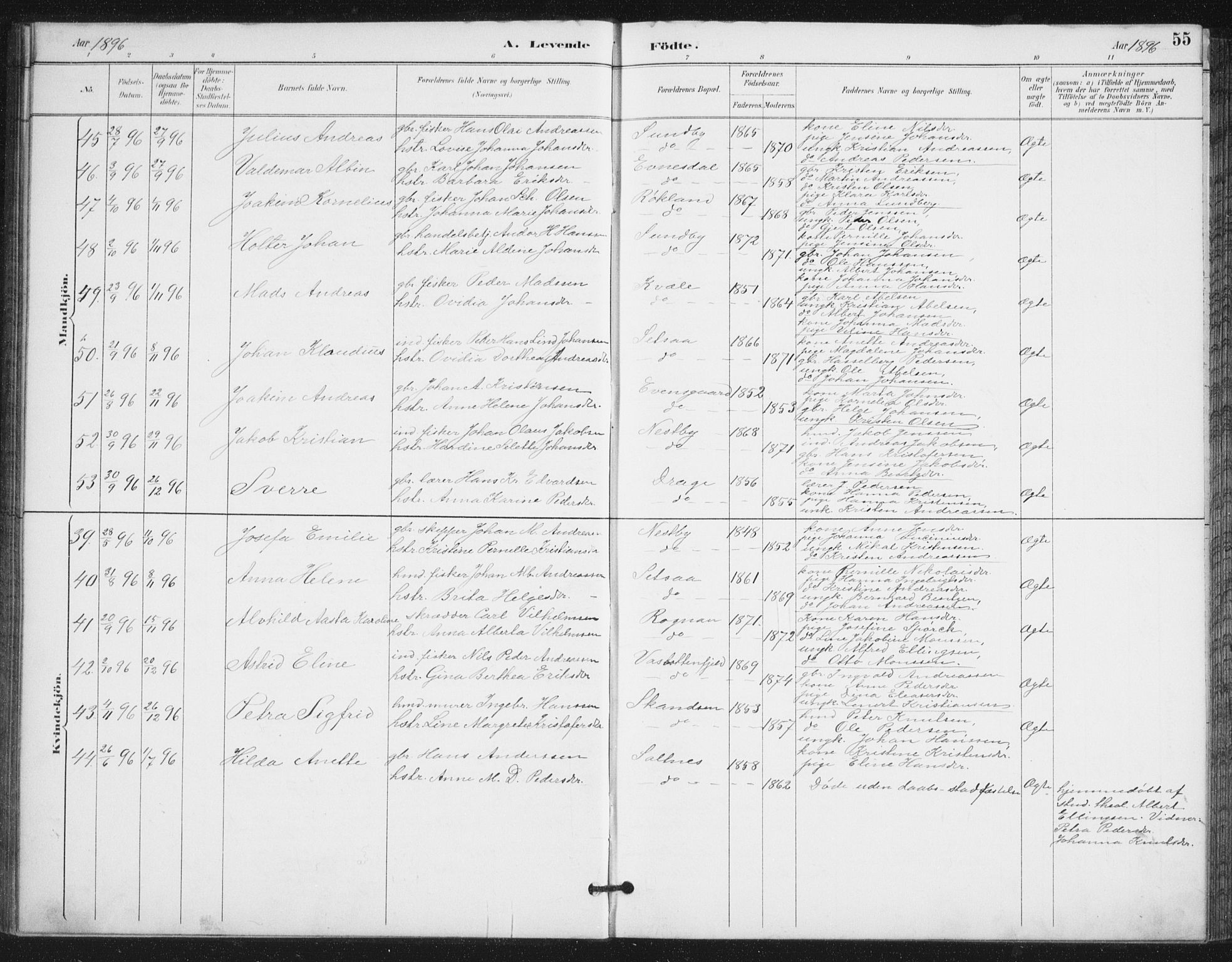 Ministerialprotokoller, klokkerbøker og fødselsregistre - Nordland, AV/SAT-A-1459/847/L0682: Parish register (copy) no. 847C10, 1889-1907, p. 55