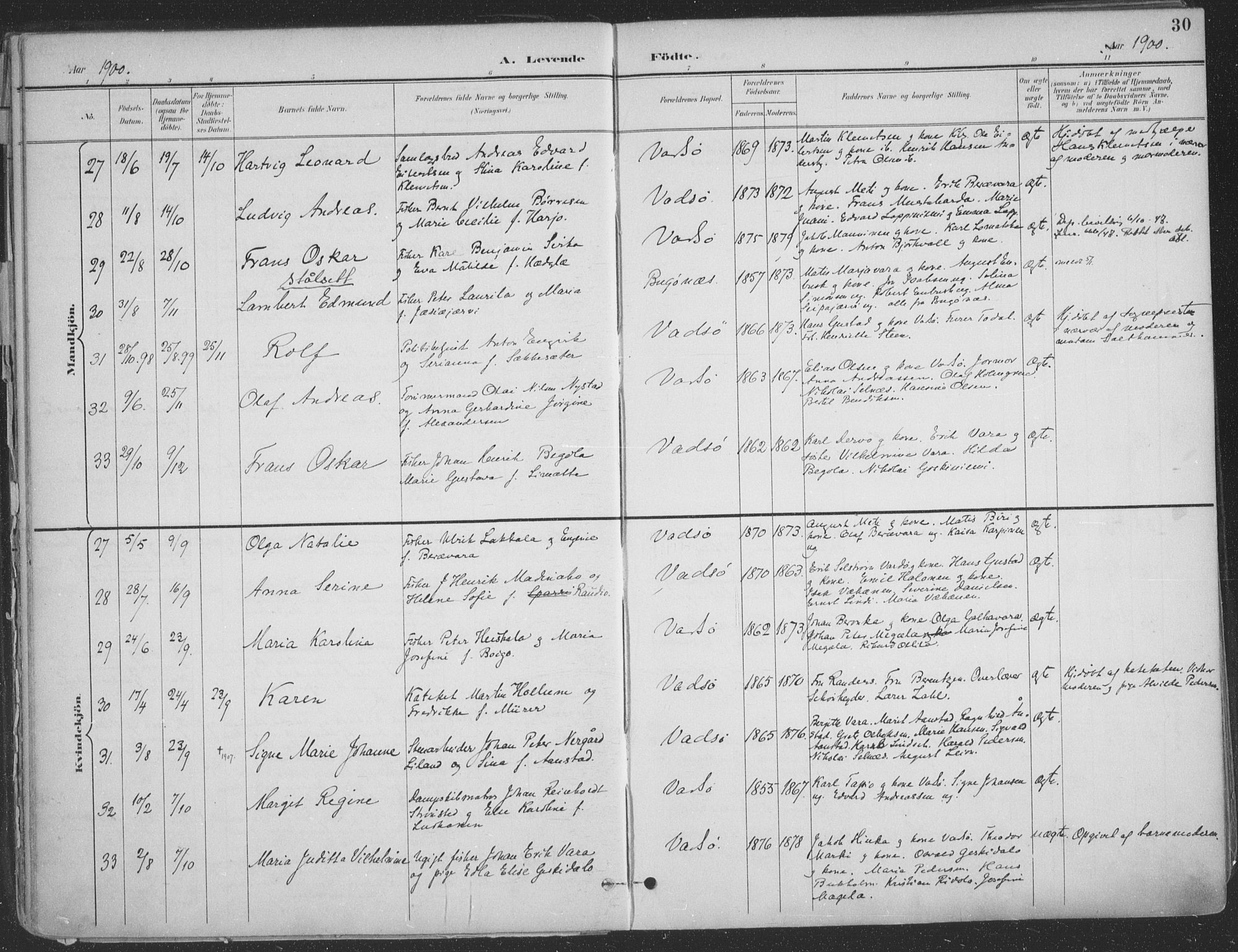 Vadsø sokneprestkontor, SATØ/S-1325/H/Ha/L0007kirke: Parish register (official) no. 7, 1896-1916, p. 30