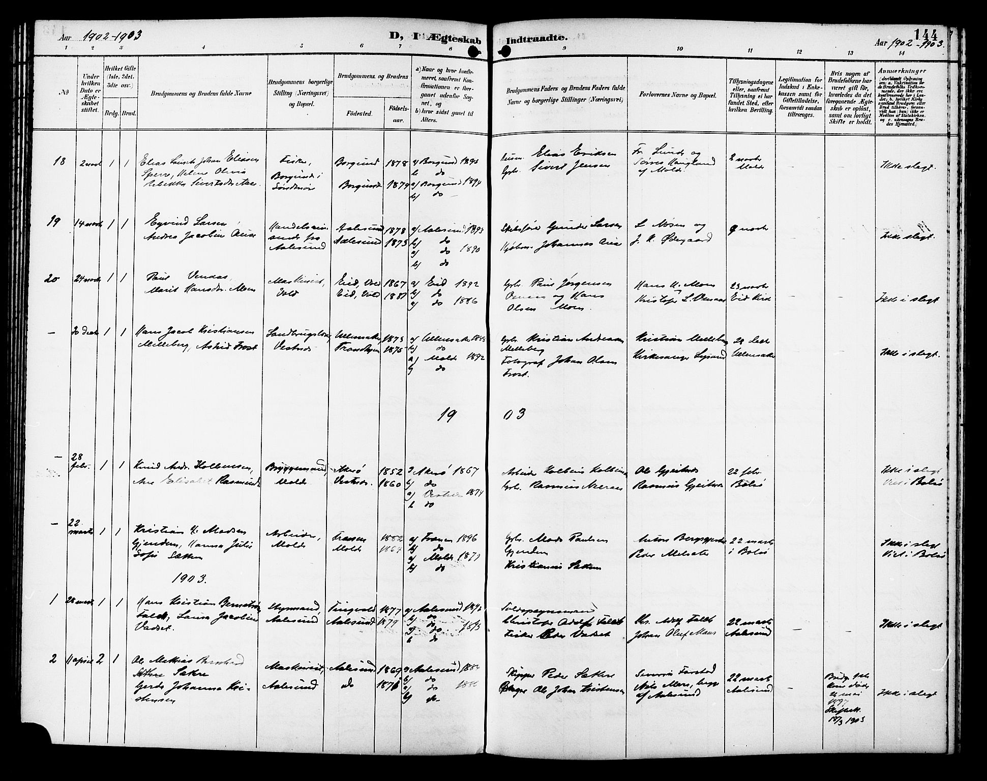 Ministerialprotokoller, klokkerbøker og fødselsregistre - Møre og Romsdal, AV/SAT-A-1454/558/L0702: Parish register (copy) no. 558C03, 1894-1915, p. 144