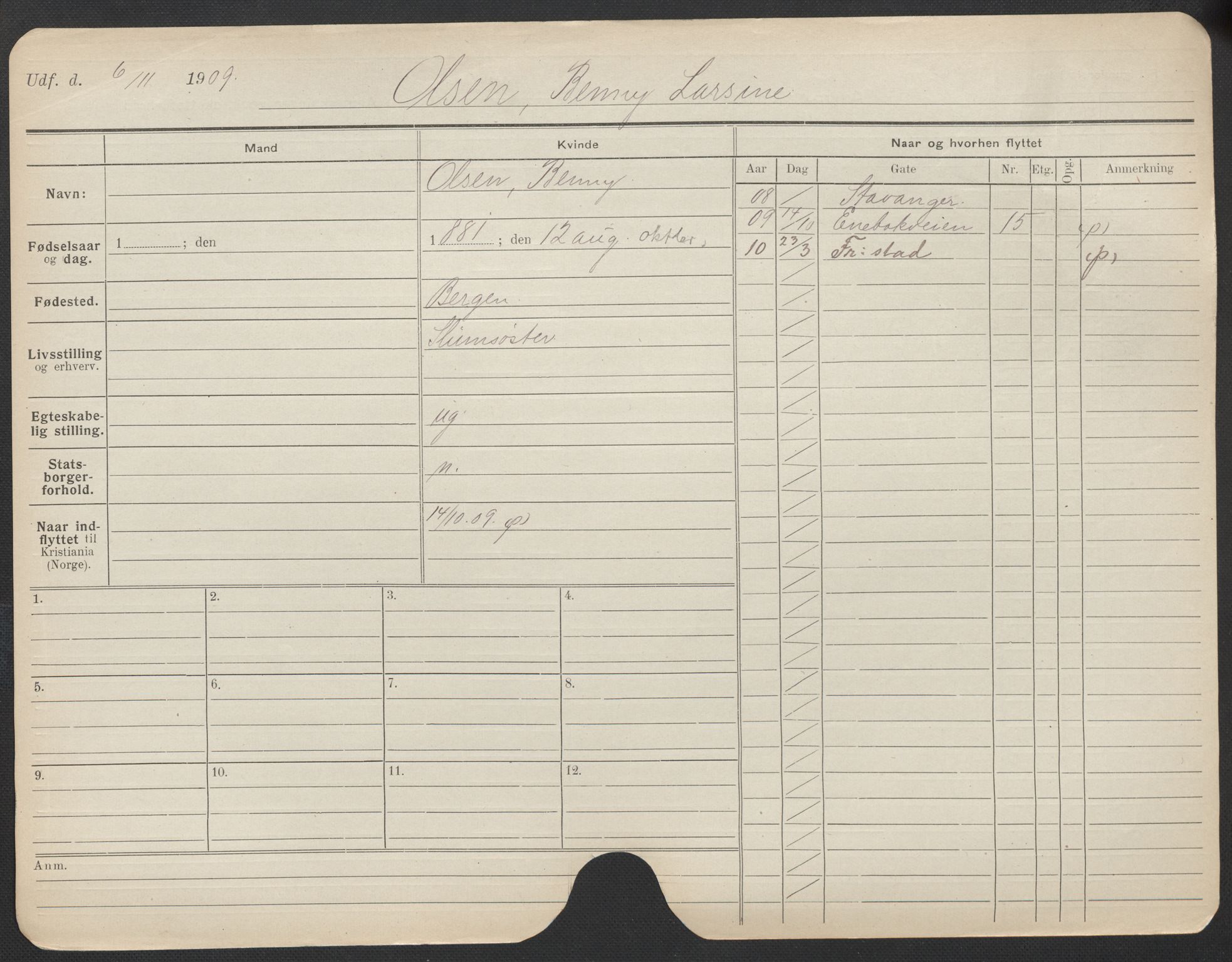 Oslo folkeregister, Registerkort, AV/SAO-A-11715/F/Fa/Fac/L0021: Kvinner, 1906-1914, p. 951a