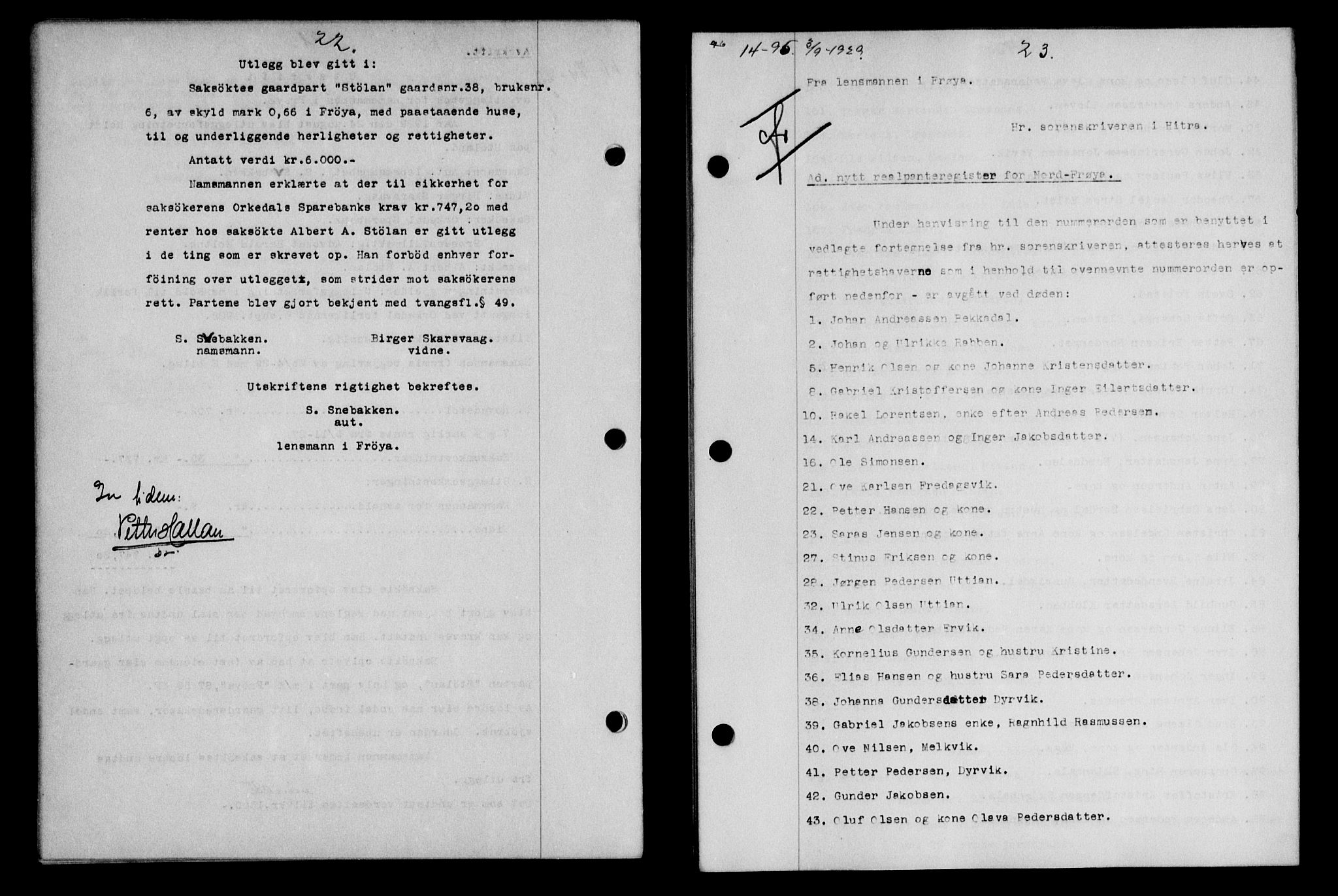 Hitra sorenskriveri, AV/SAT-A-0018/2/2C/2Ca/L0013: Mortgage book no. 13, 1929-1929, p. 22-23