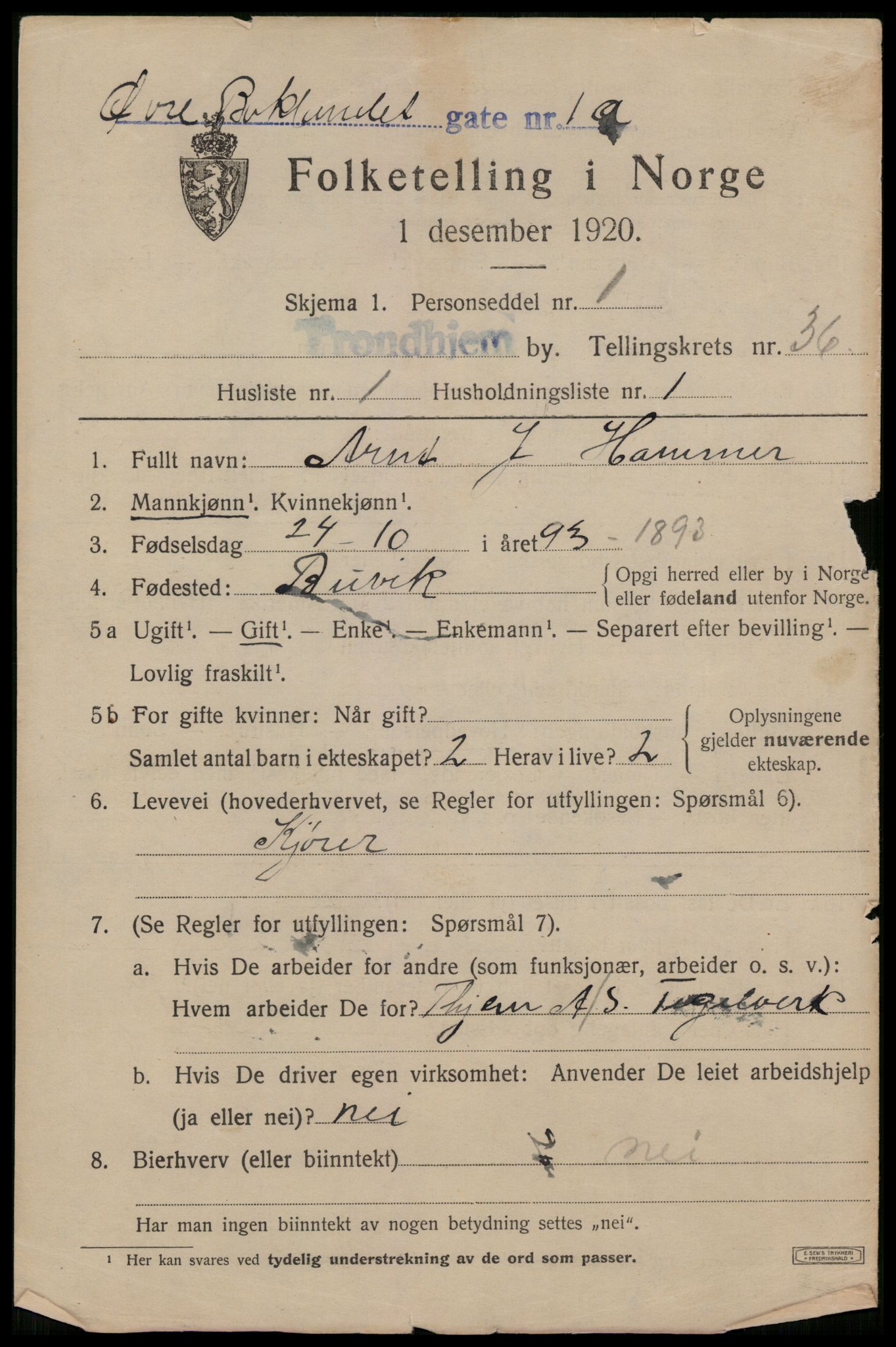 SAT, 1920 census for Trondheim, 1920, p. 82860