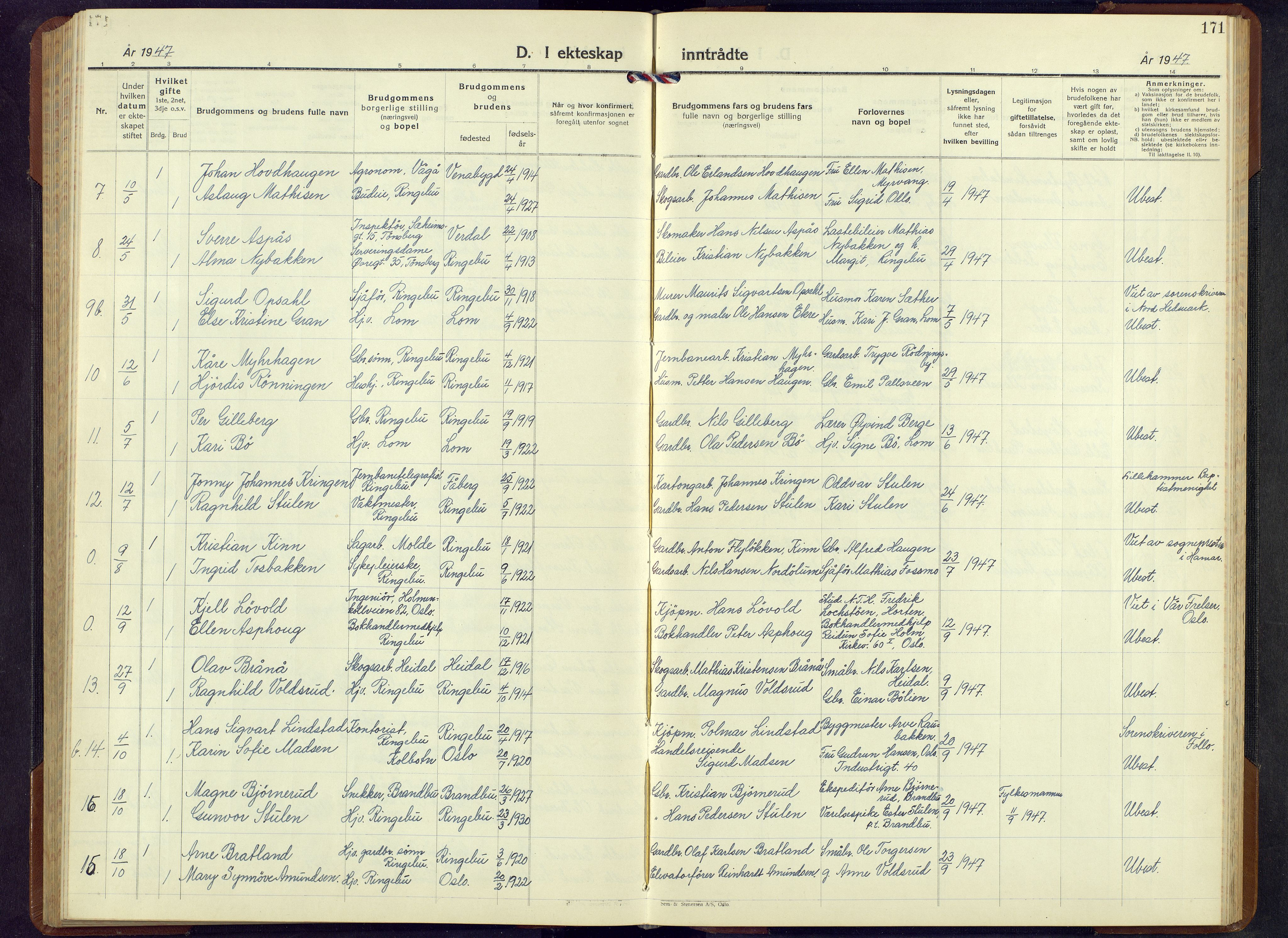 Ringebu prestekontor, AV/SAH-PREST-082/H/Ha/Hab/L0013: Parish register (copy) no. 13, 1943-1956, p. 171