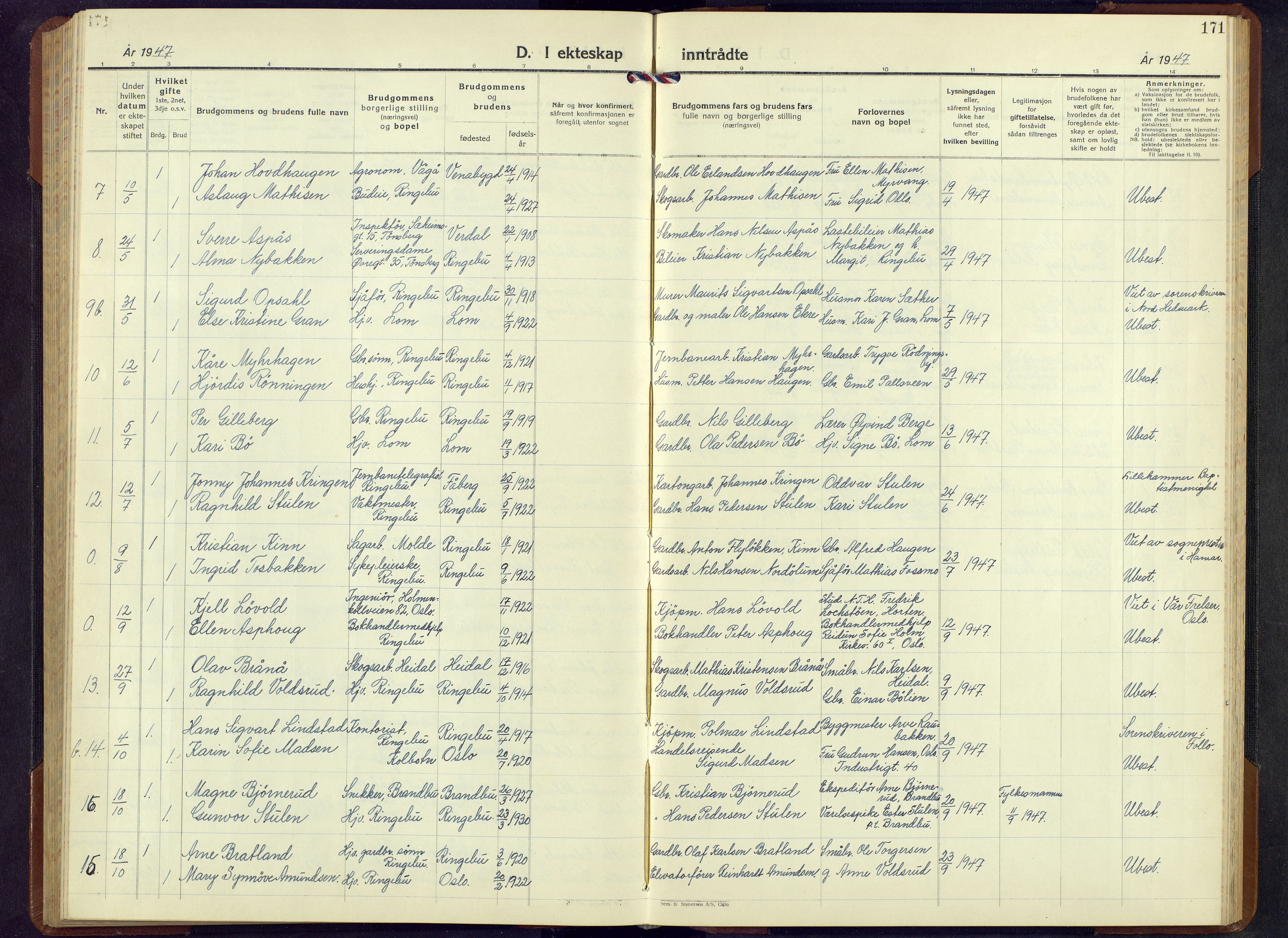 Ringebu prestekontor, SAH/PREST-082/H/Ha/Hab/L0013: Parish register (copy) no. 13, 1943-1956, p. 171