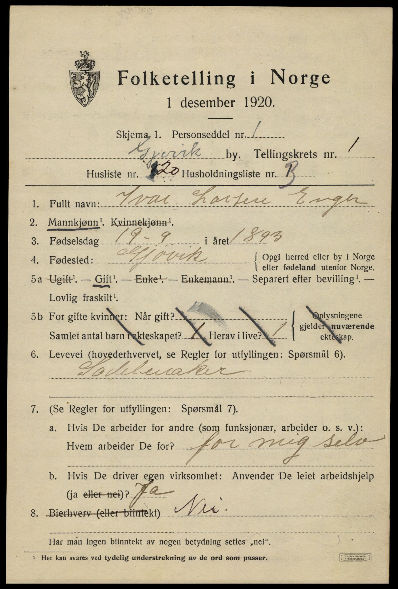 SAH, 1920 census for Gjøvik, 1920, p. 3318