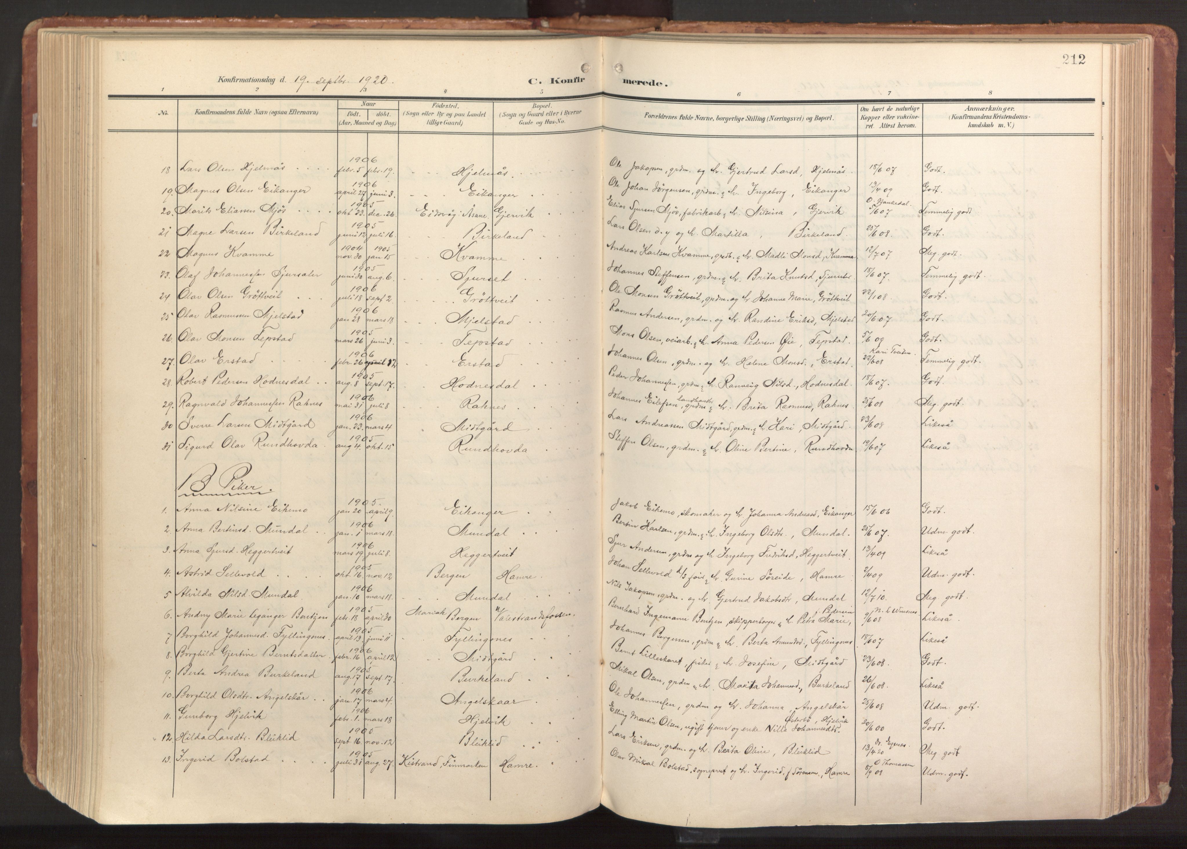 Hamre sokneprestembete, AV/SAB-A-75501/H/Ha/Haa/Haab/L0002: Parish register (official) no. B 2, 1905-1924, p. 212