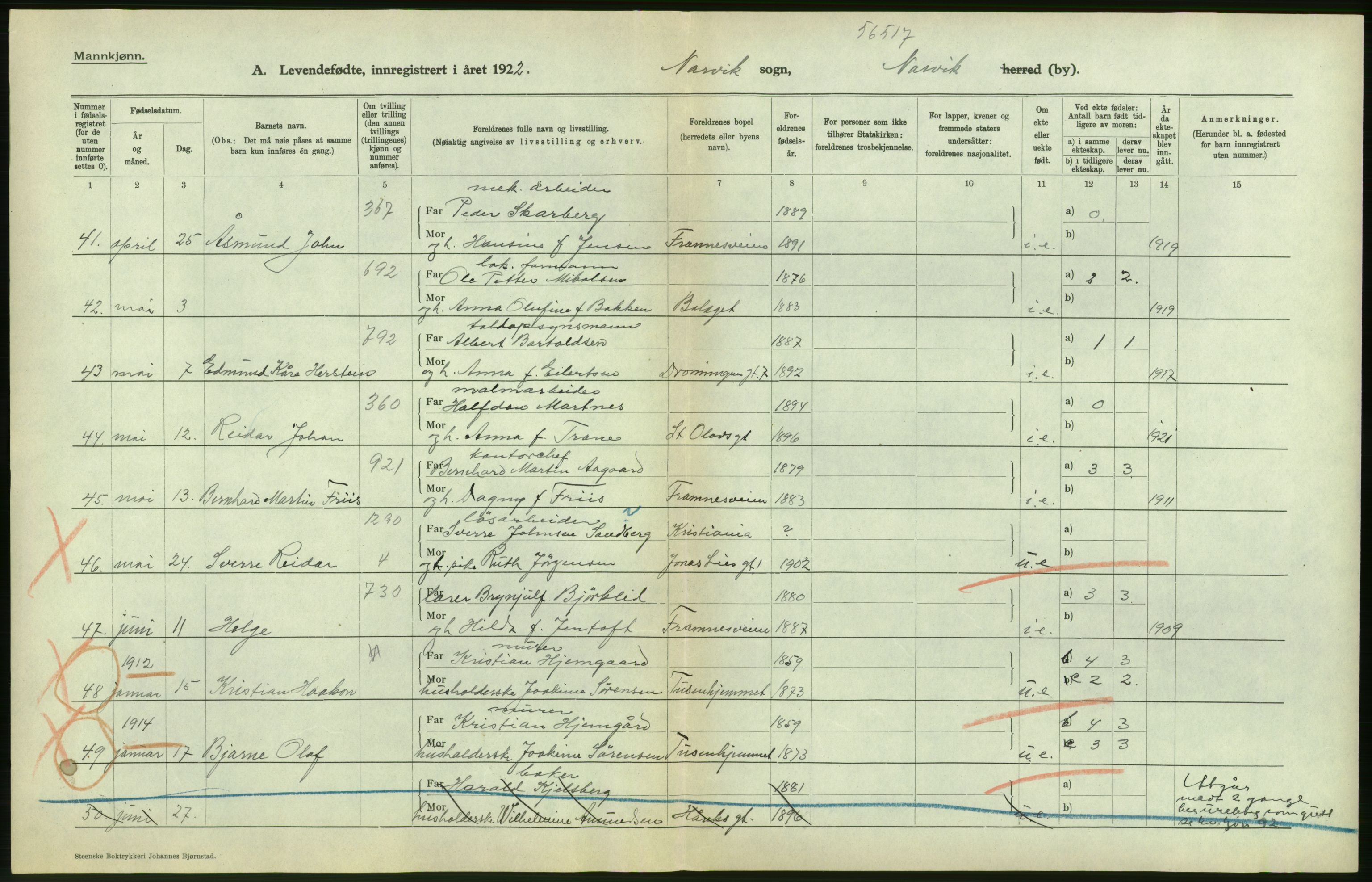 Statistisk sentralbyrå, Sosiodemografiske emner, Befolkning, AV/RA-S-2228/D/Df/Dfc/Dfcb/L0044: Nordland fylke: Levendefødte menn og kvinner. Bygder og byer., 1922, p. 24