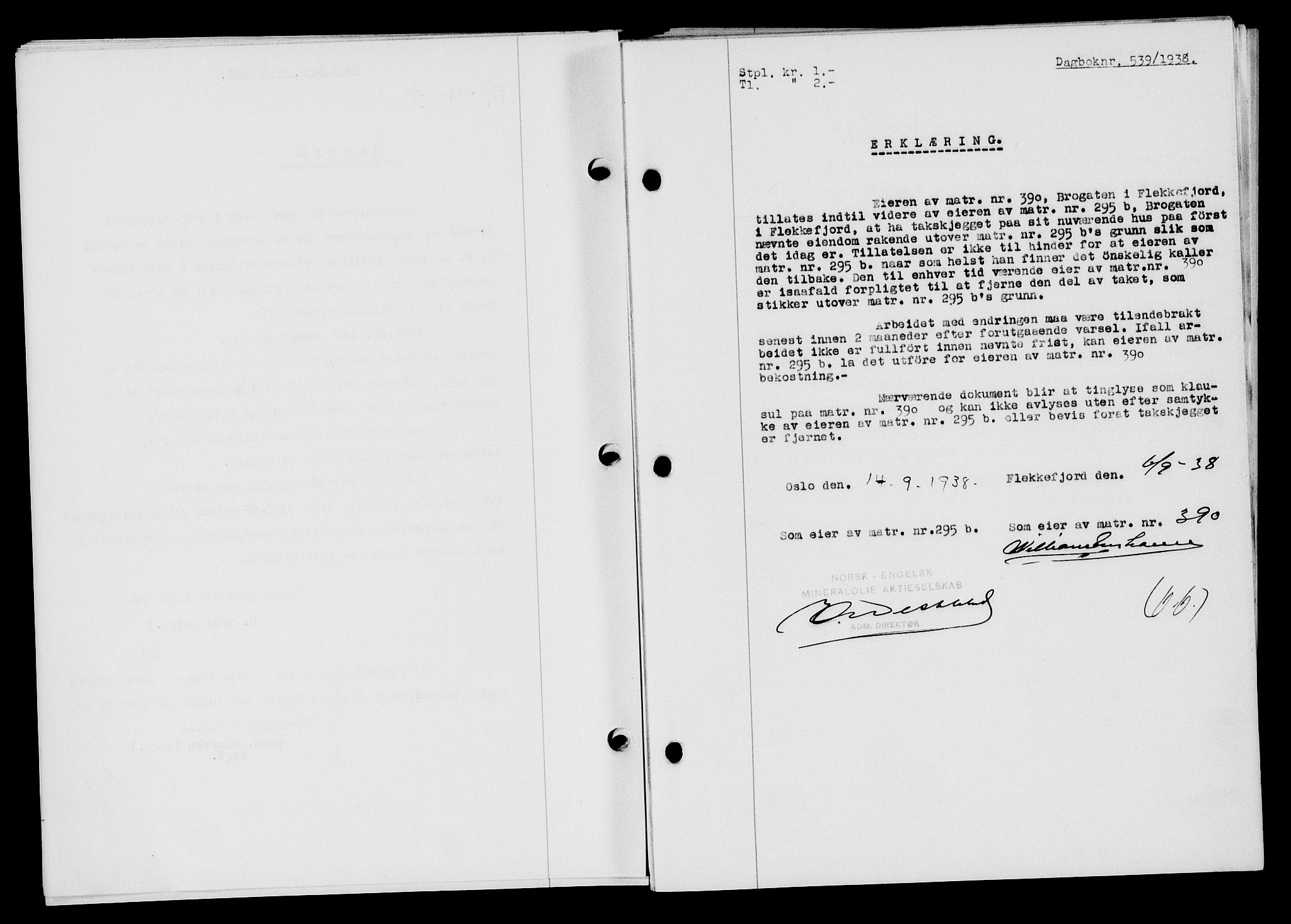 Flekkefjord sorenskriveri, SAK/1221-0001/G/Gb/Gba/L0054: Mortgage book no. A-2, 1937-1938, Diary no: : 539/1938