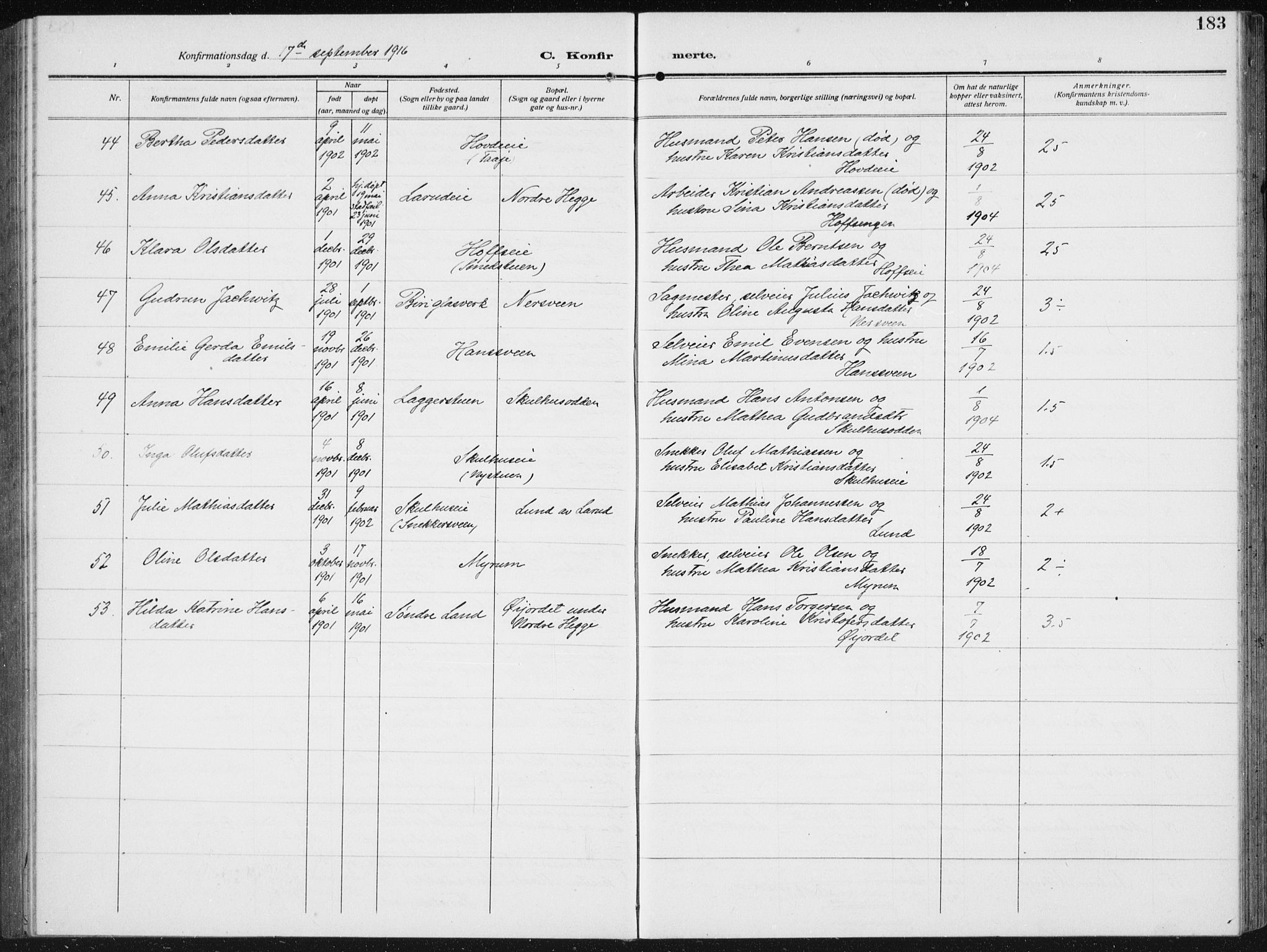 Biri prestekontor, SAH/PREST-096/H/Ha/Hab/L0006: Parish register (copy) no. 6, 1909-1938, p. 183