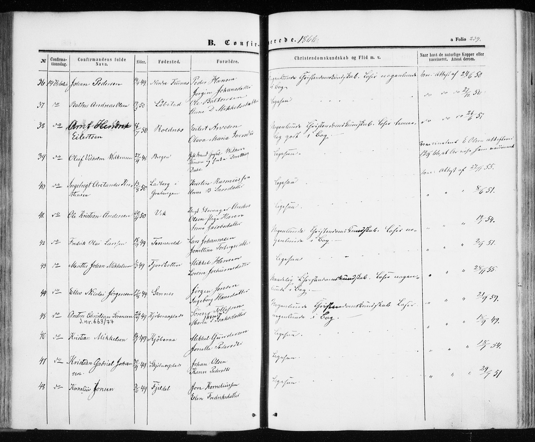 Ibestad sokneprestembete, AV/SATØ-S-0077/H/Ha/Haa/L0009kirke: Parish register (official) no. 9, 1859-1868, p. 239