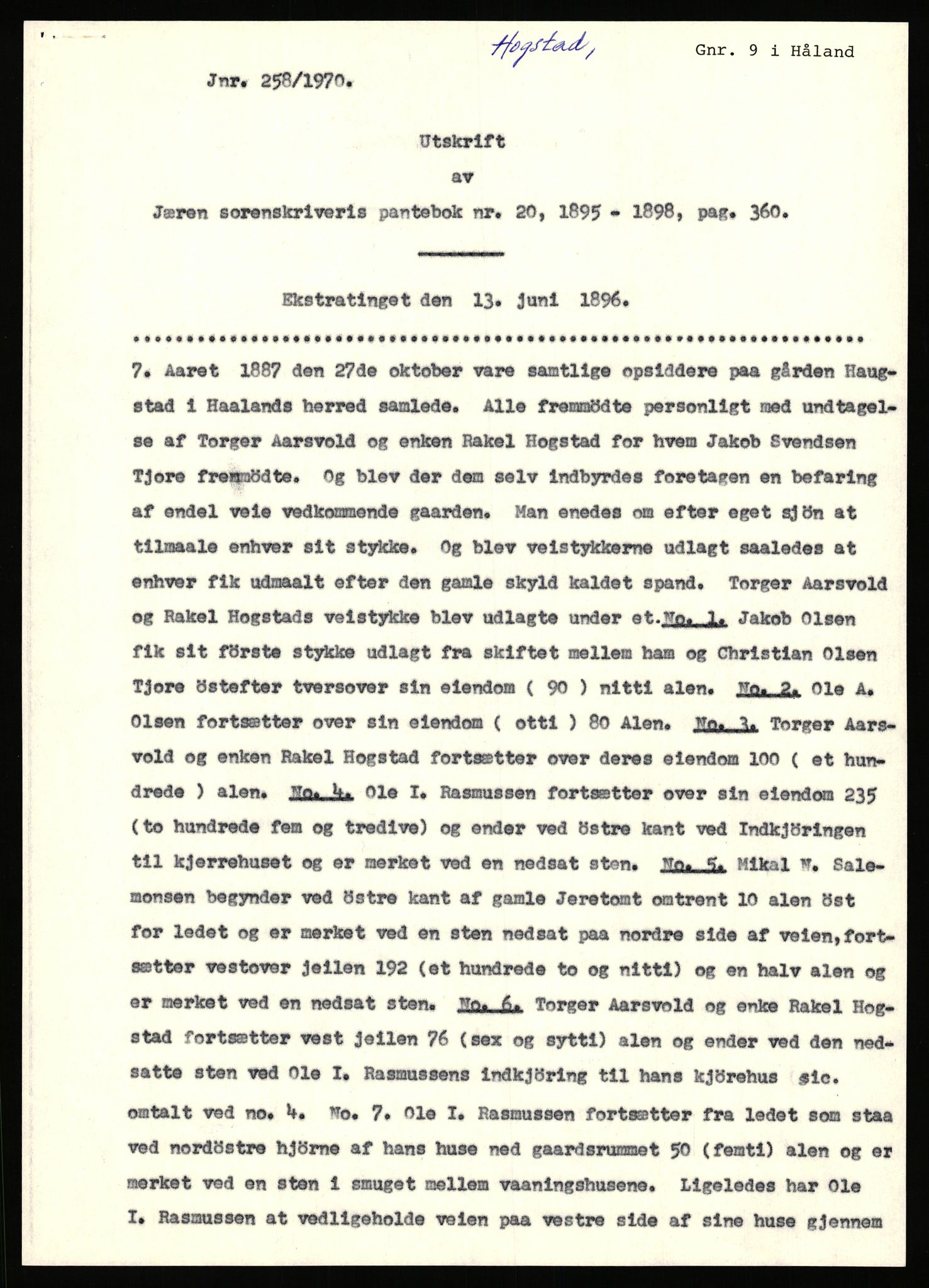 Statsarkivet i Stavanger, AV/SAST-A-101971/03/Y/Yj/L0038: Avskrifter sortert etter gårdsnavn: Hodne - Holte, 1750-1930, p. 337