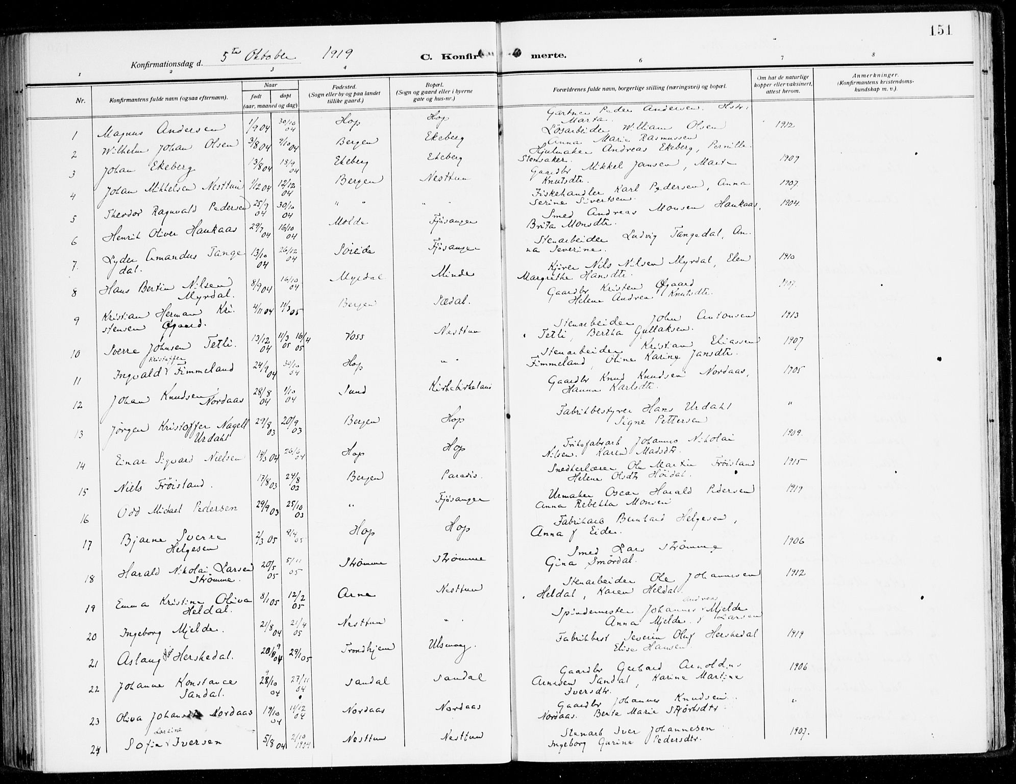 Fana Sokneprestembete, SAB/A-75101/H/Haa/Haai/L0004: Parish register (official) no. I 4, 1912-1933, p. 151
