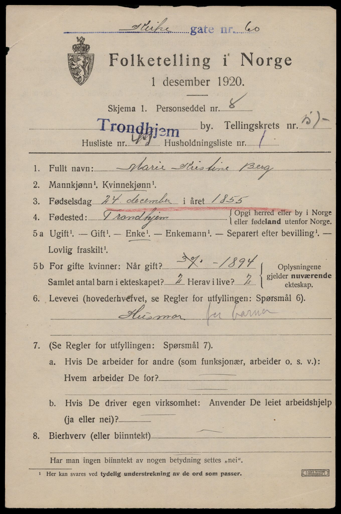 SAT, 1920 census for Trondheim, 1920, p. 117458