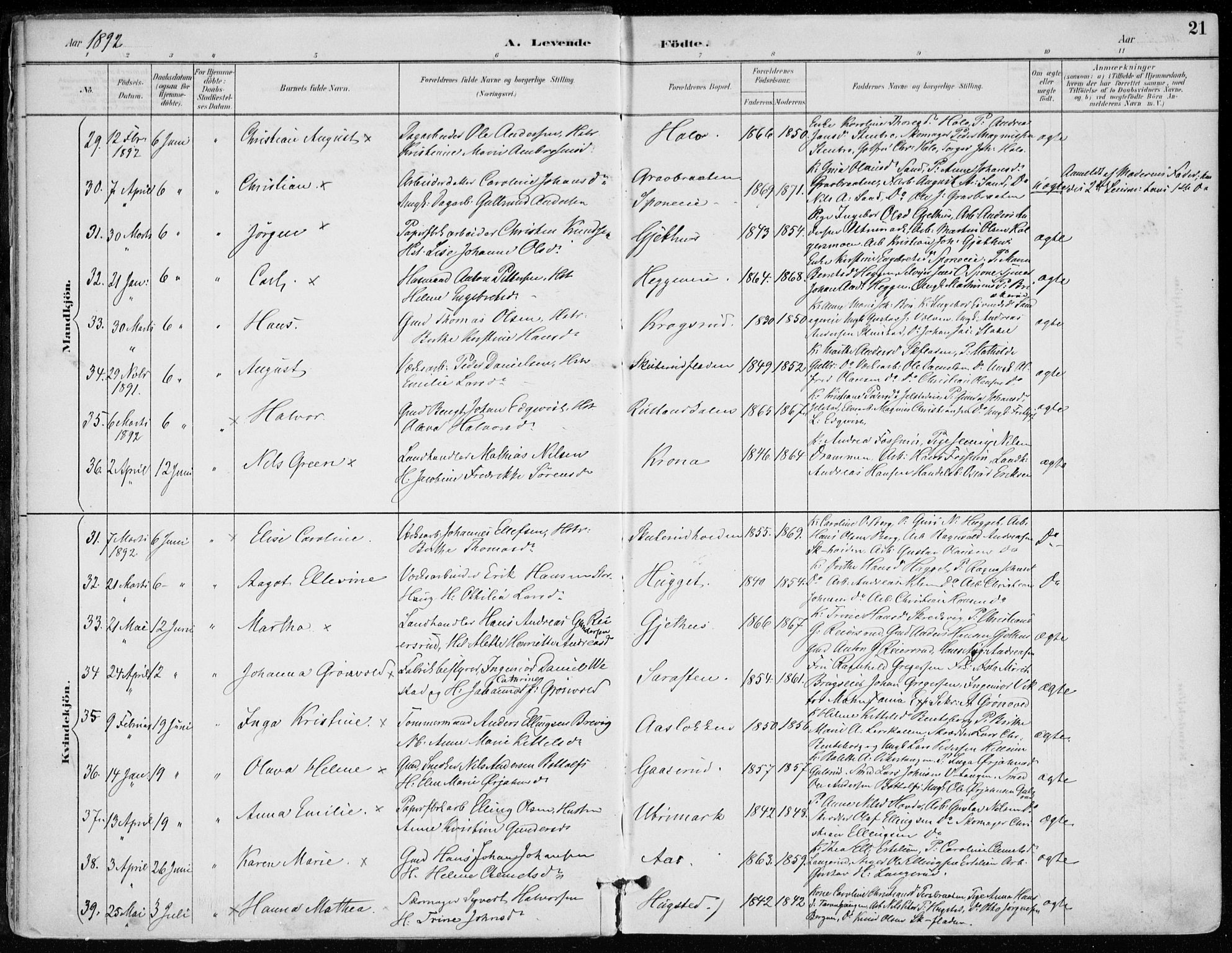 Modum kirkebøker, AV/SAKO-A-234/F/Fa/L0012: Parish register (official) no. 12, 1890-1898, p. 21