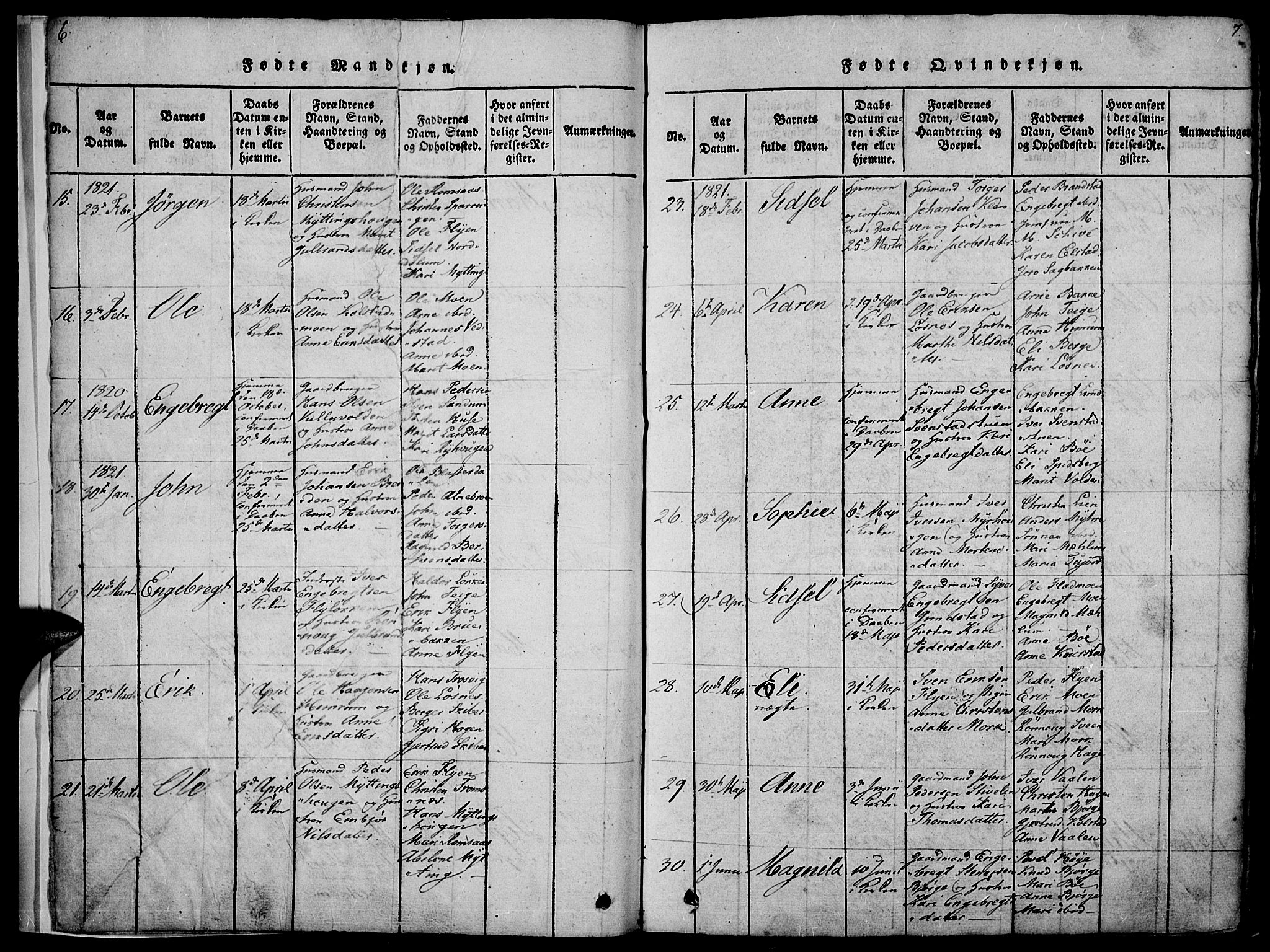 Ringebu prestekontor, AV/SAH-PREST-082/H/Ha/Haa/L0004: Parish register (official) no. 4, 1821-1839, p. 6-7