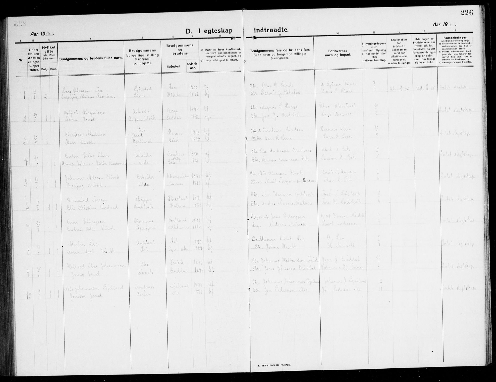 Kvinnherad sokneprestembete, AV/SAB-A-76401/H/Hab: Parish register (copy) no. A 3, 1911-1945, p. 226