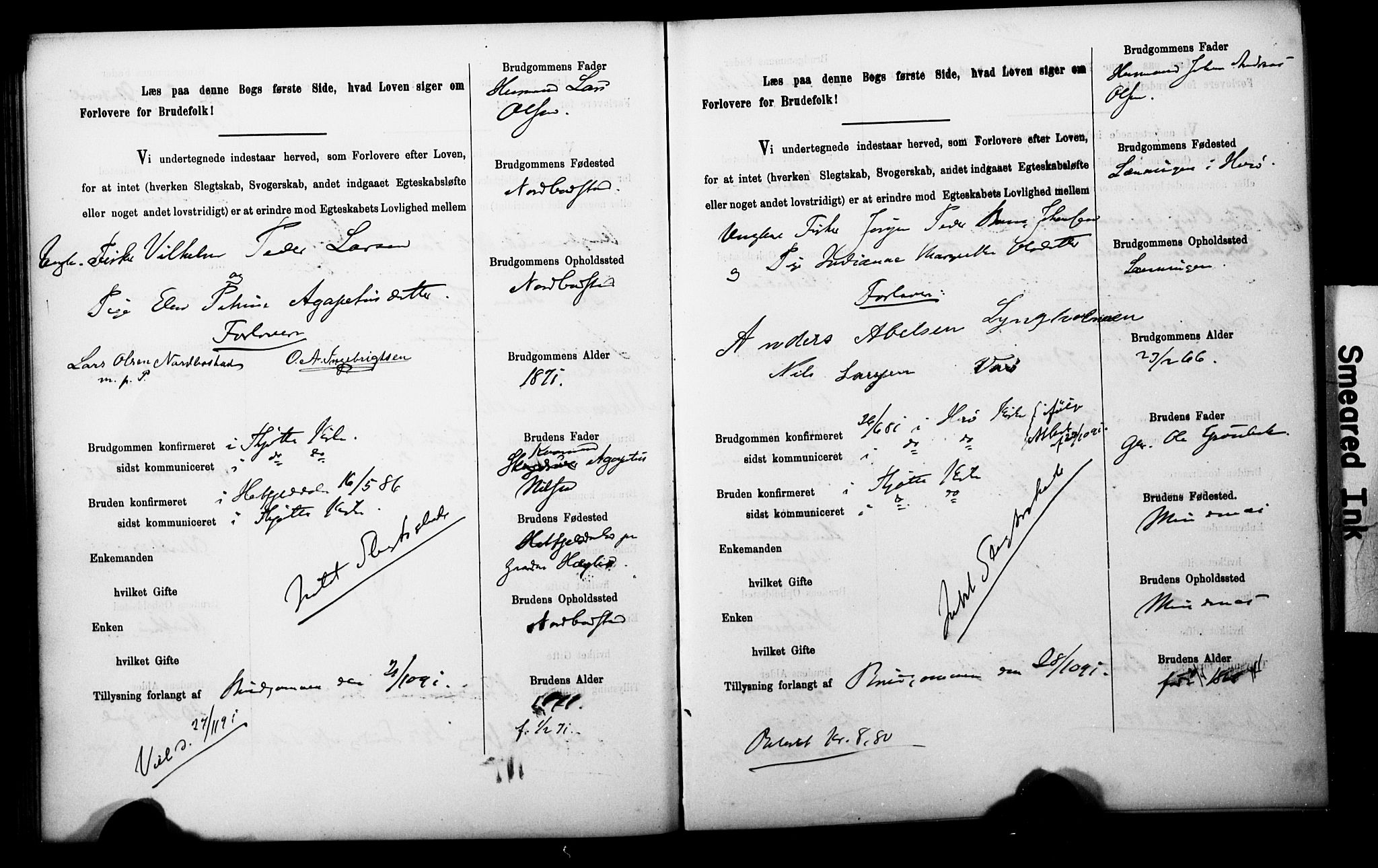 Uten arkivreferanse**, SAT/-: Banns register no. 1 /2 (Trøgstad), 1891-1895