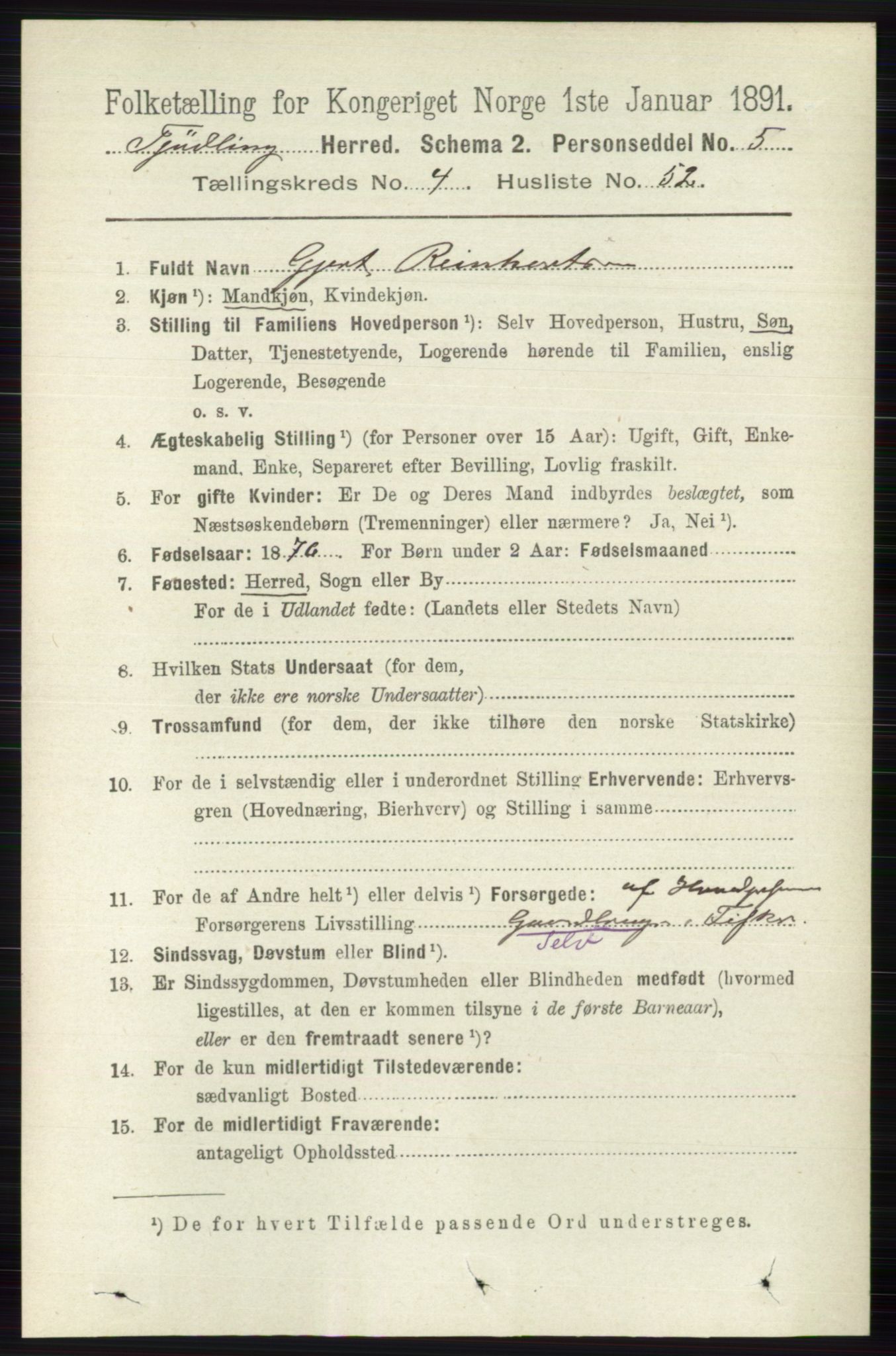 RA, 1891 census for 0725 Tjølling, 1891, p. 1745