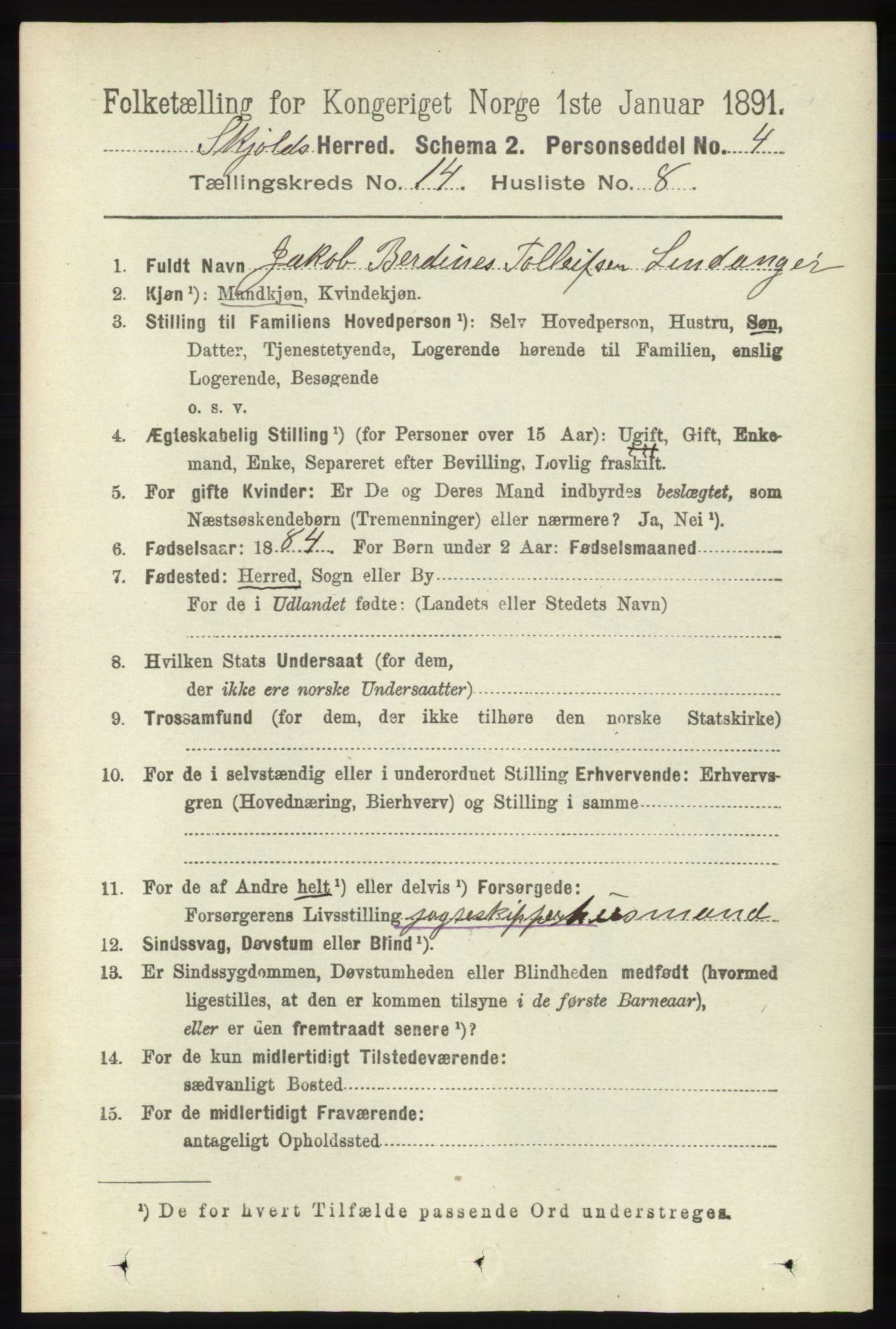 RA, 1891 census for 1154 Skjold, 1891, p. 2605