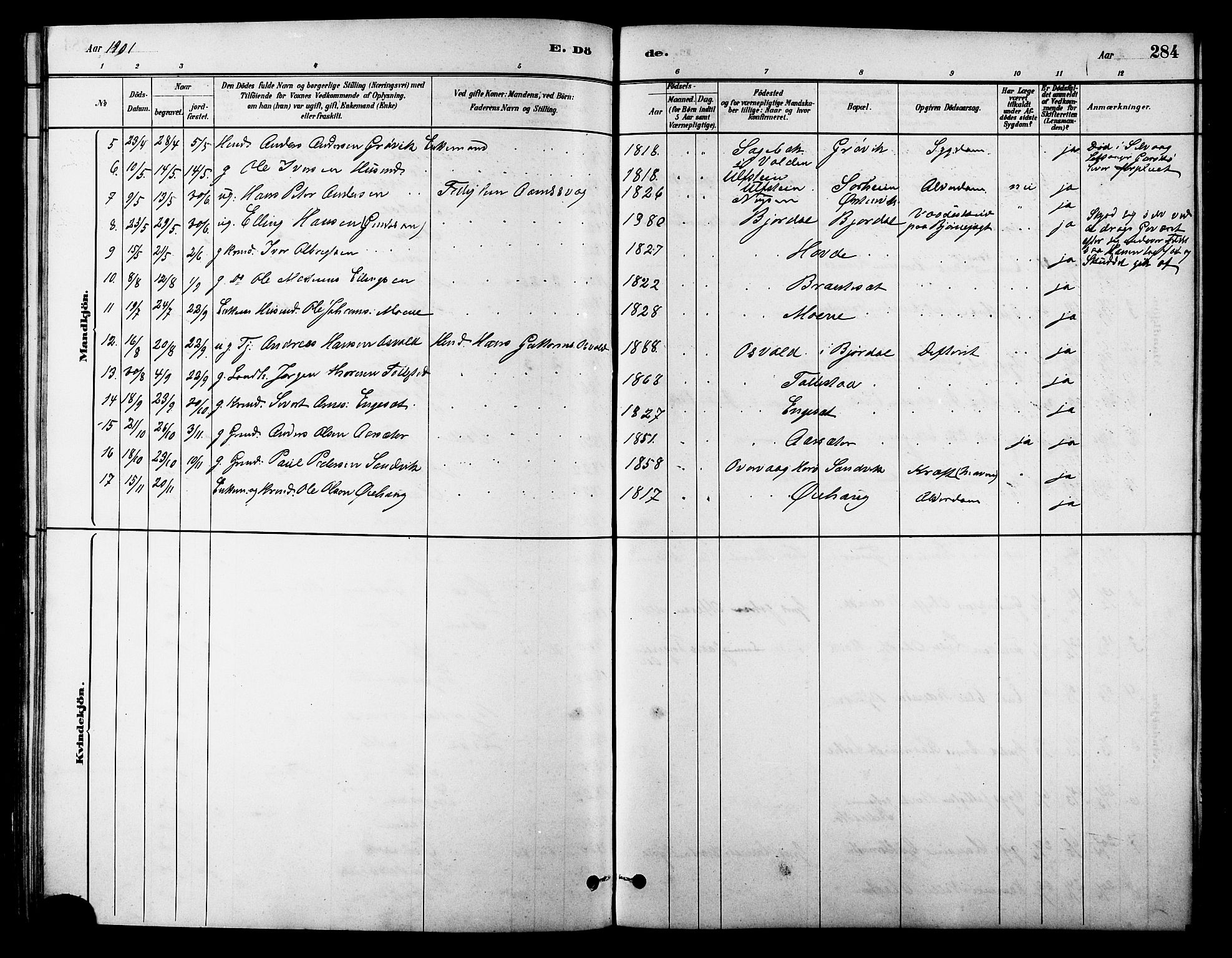 Ministerialprotokoller, klokkerbøker og fødselsregistre - Møre og Romsdal, AV/SAT-A-1454/513/L0189: Parish register (copy) no. 513C03, 1883-1904, p. 284