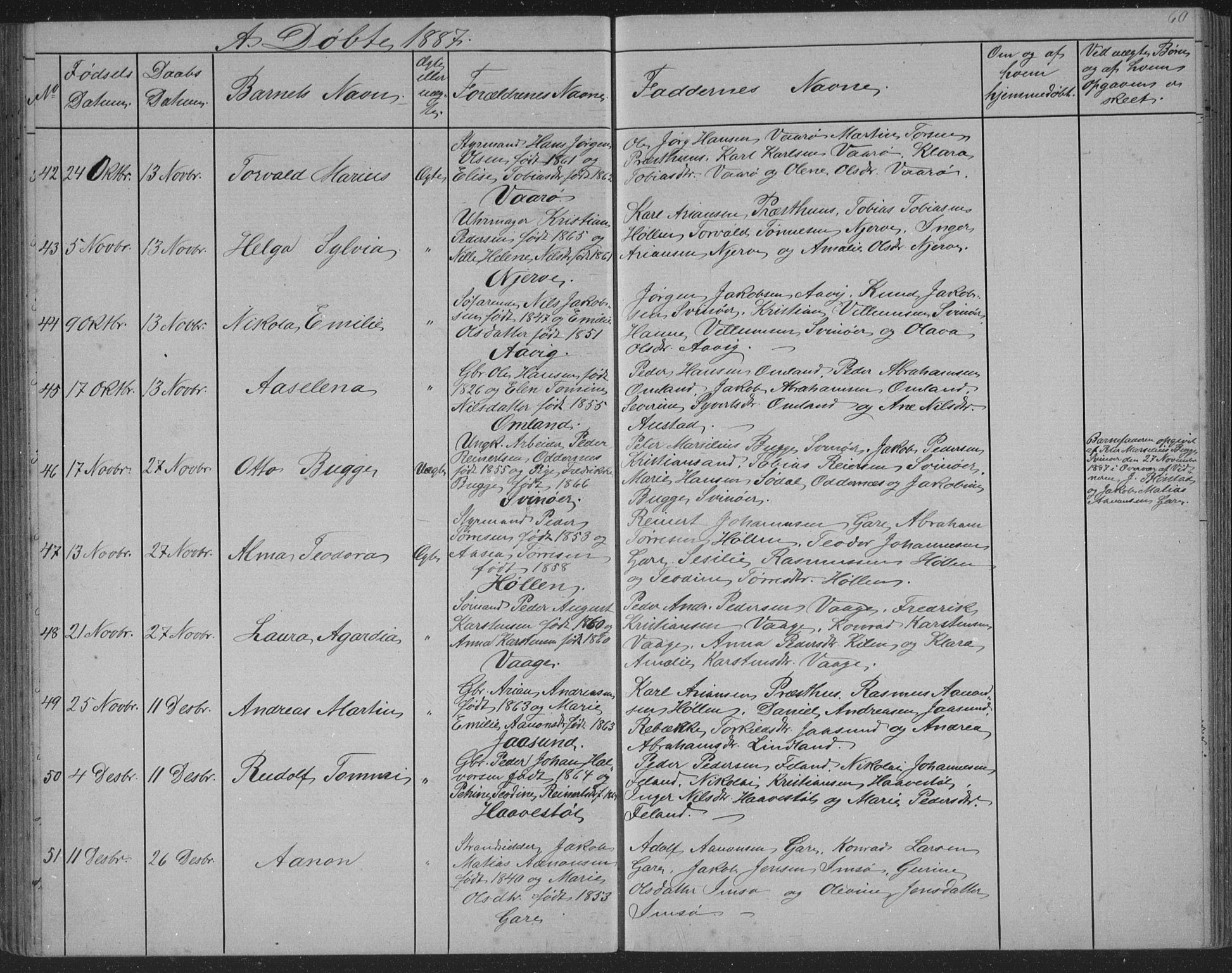 Sør-Audnedal sokneprestkontor, SAK/1111-0039/F/Fb/Fba/L0003: Parish register (copy) no. B 3, 1879-1893, p. 60