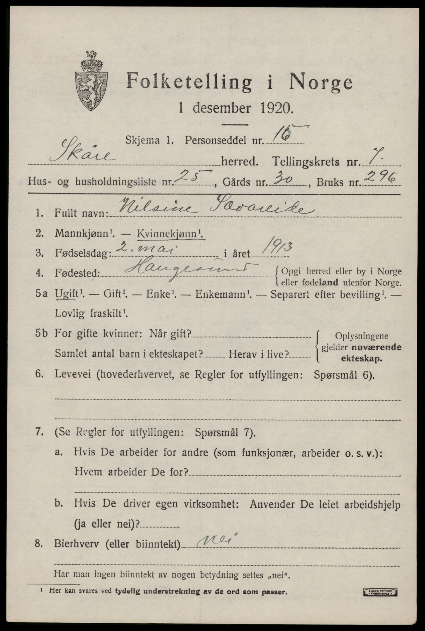 SAST, 1920 census for Skåre, 1920, p. 5300