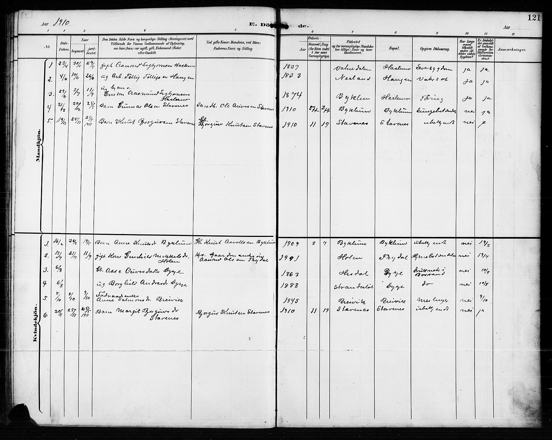 Valle sokneprestkontor, AV/SAK-1111-0044/F/Fb/Fba/L0003: Parish register (copy) no. B 3, 1895-1916, p. 121