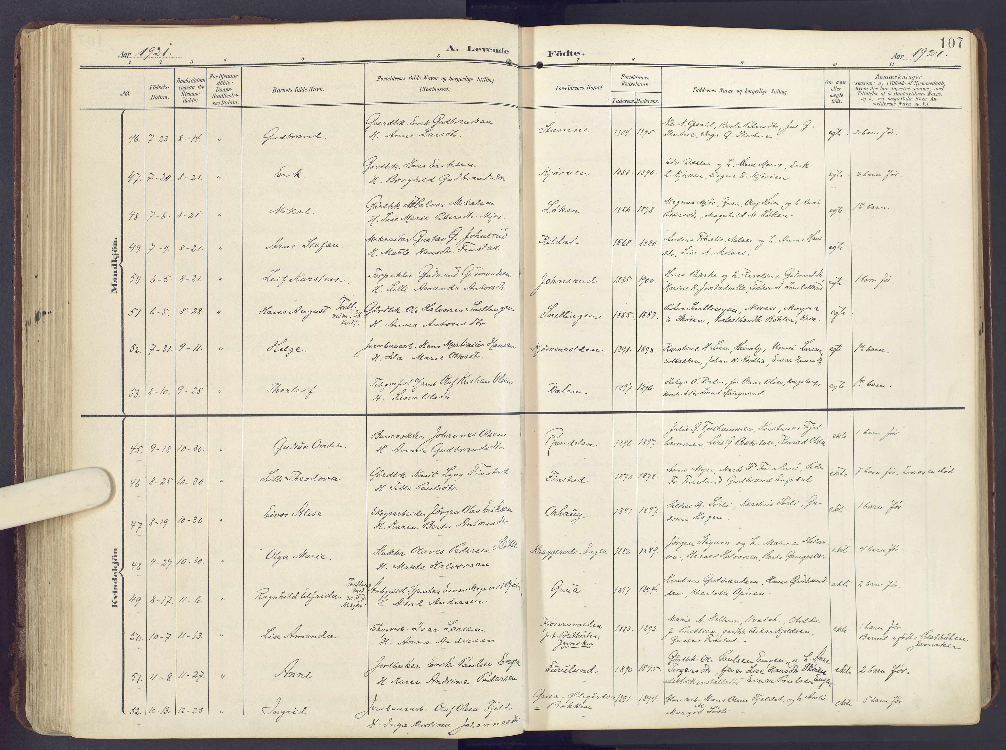 Lunner prestekontor, AV/SAH-PREST-118/H/Ha/Haa/L0001: Parish register (official) no. 1, 1907-1922, p. 107