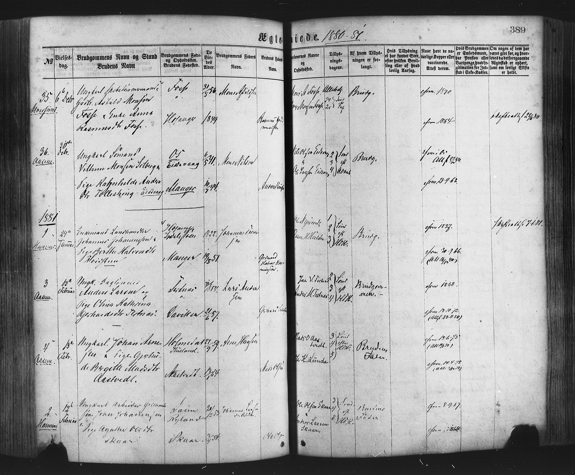 Hamre sokneprestembete, SAB/A-75501/H/Ha/Haa/Haaa/L0015: Parish register (official) no. A 15, 1870-1881, p. 389