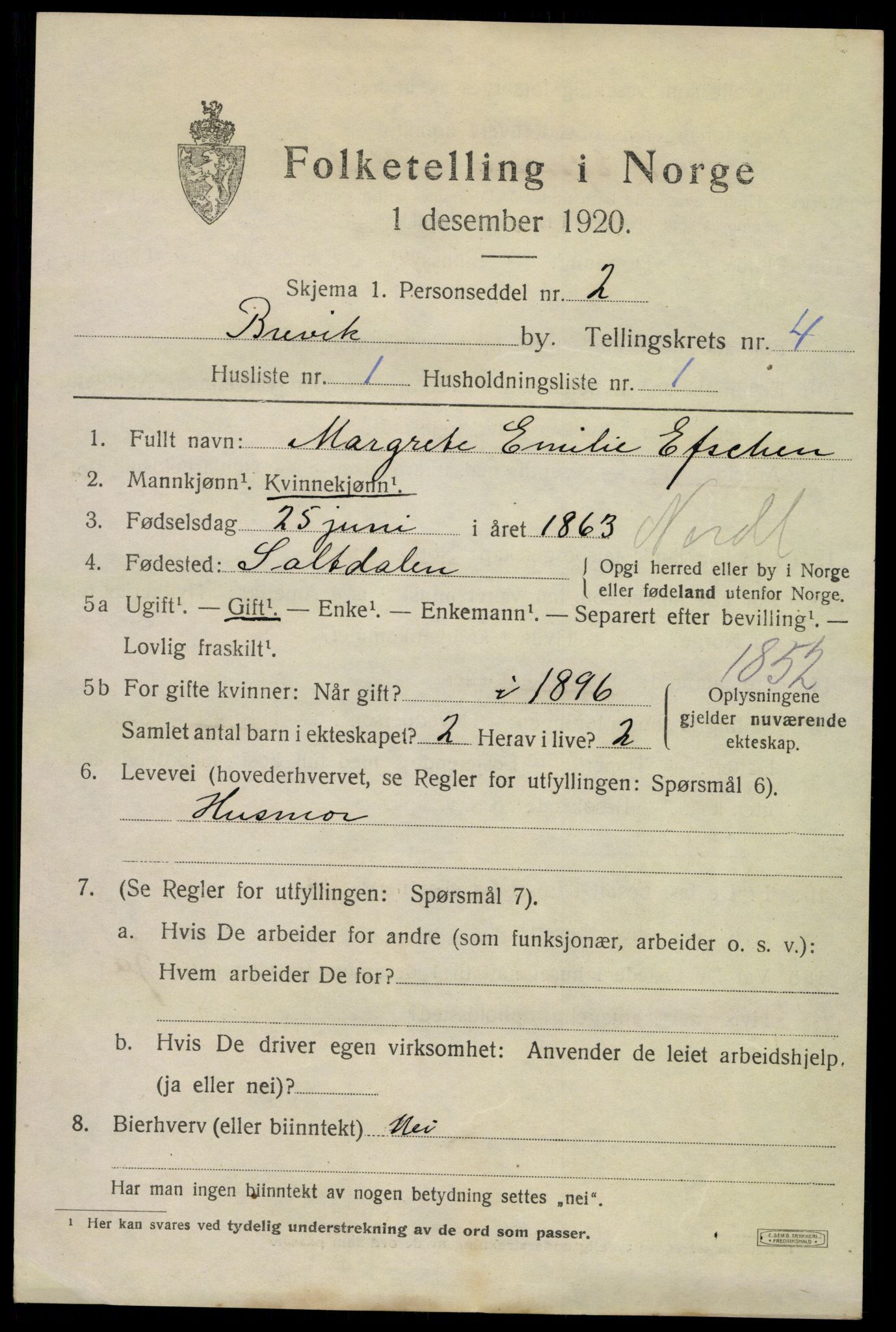 SAKO, 1920 census for Brevik, 1920, p. 6030