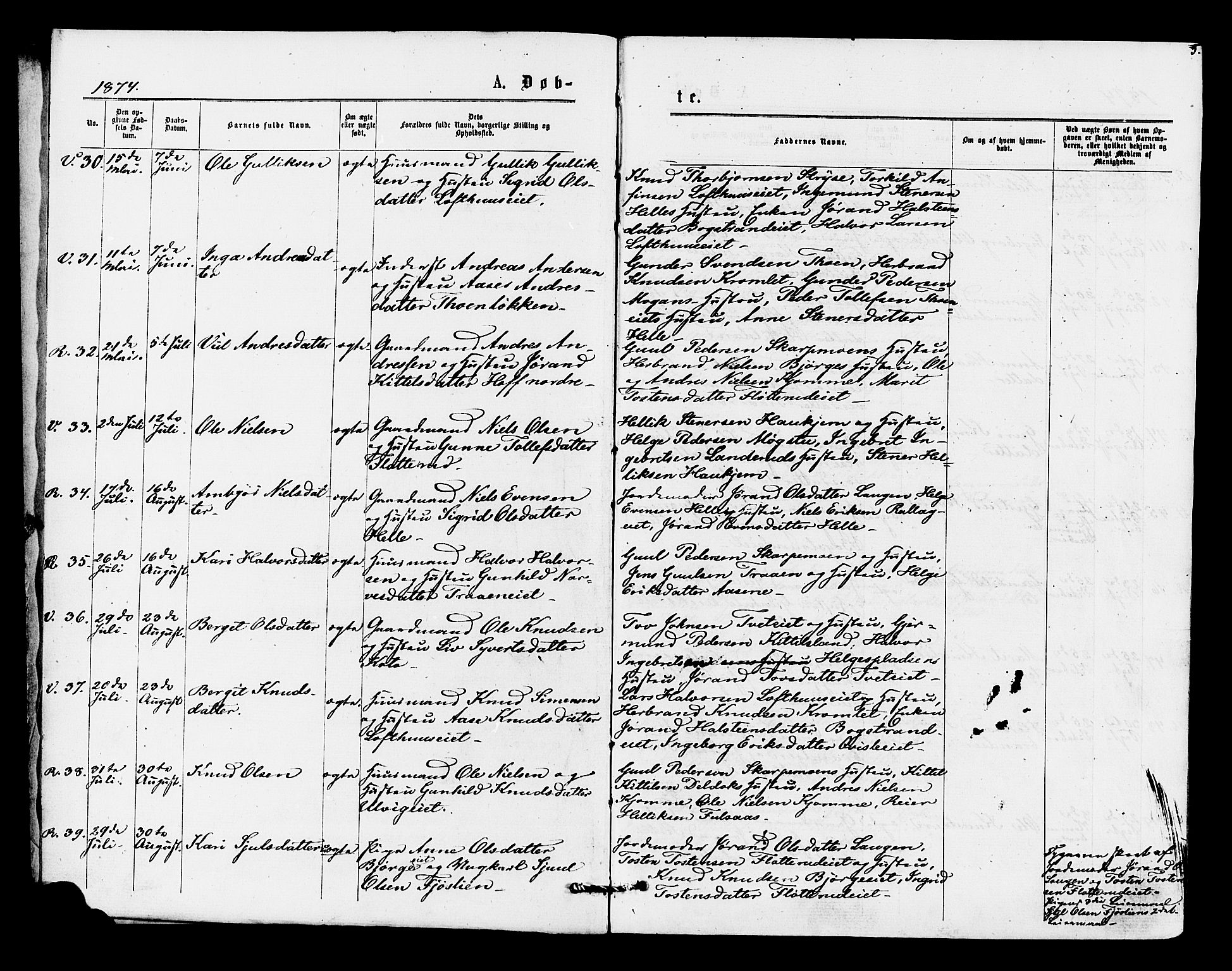 Rollag kirkebøker, SAKO/A-240/F/Fa/L0010: Parish register (official) no. I 10, 1874-1877, p. 5