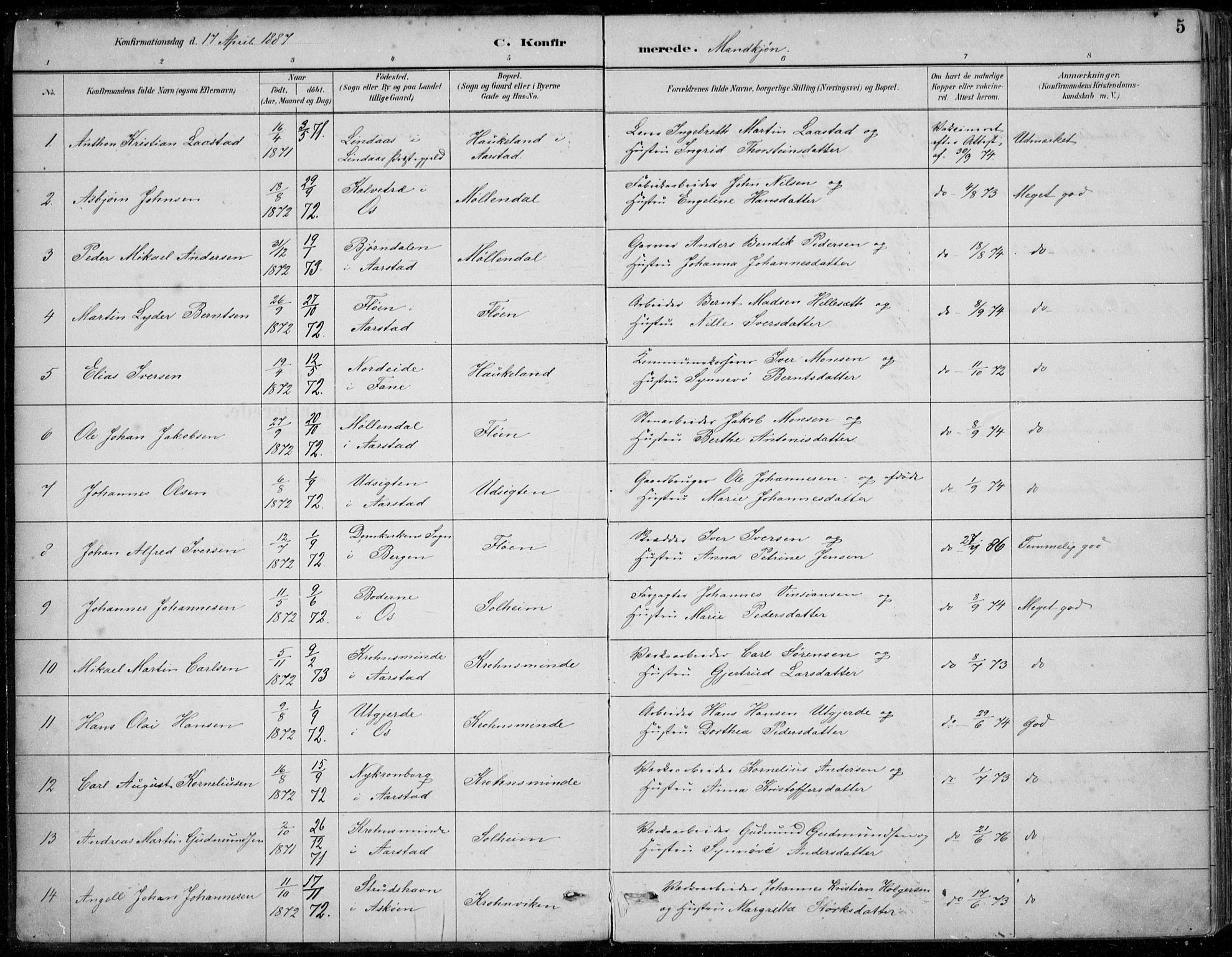 Årstad Sokneprestembete, SAB/A-79301/H/Haa/L0006: Parish register (official) no. B 1, 1886-1901, p. 5