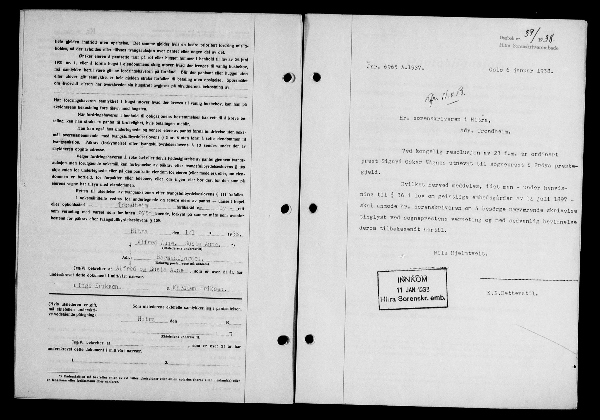 Hitra sorenskriveri, AV/SAT-A-0018/2/2C/2Ca/L0028: Mortgage book no. B-1, 1936-1939, Diary no: : 39/1938