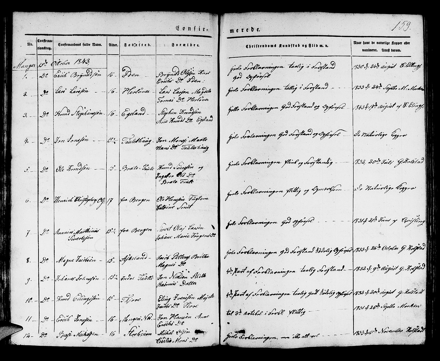 Manger sokneprestembete, AV/SAB-A-76801/H/Haa: Parish register (official) no. A 5, 1839-1848, p. 159