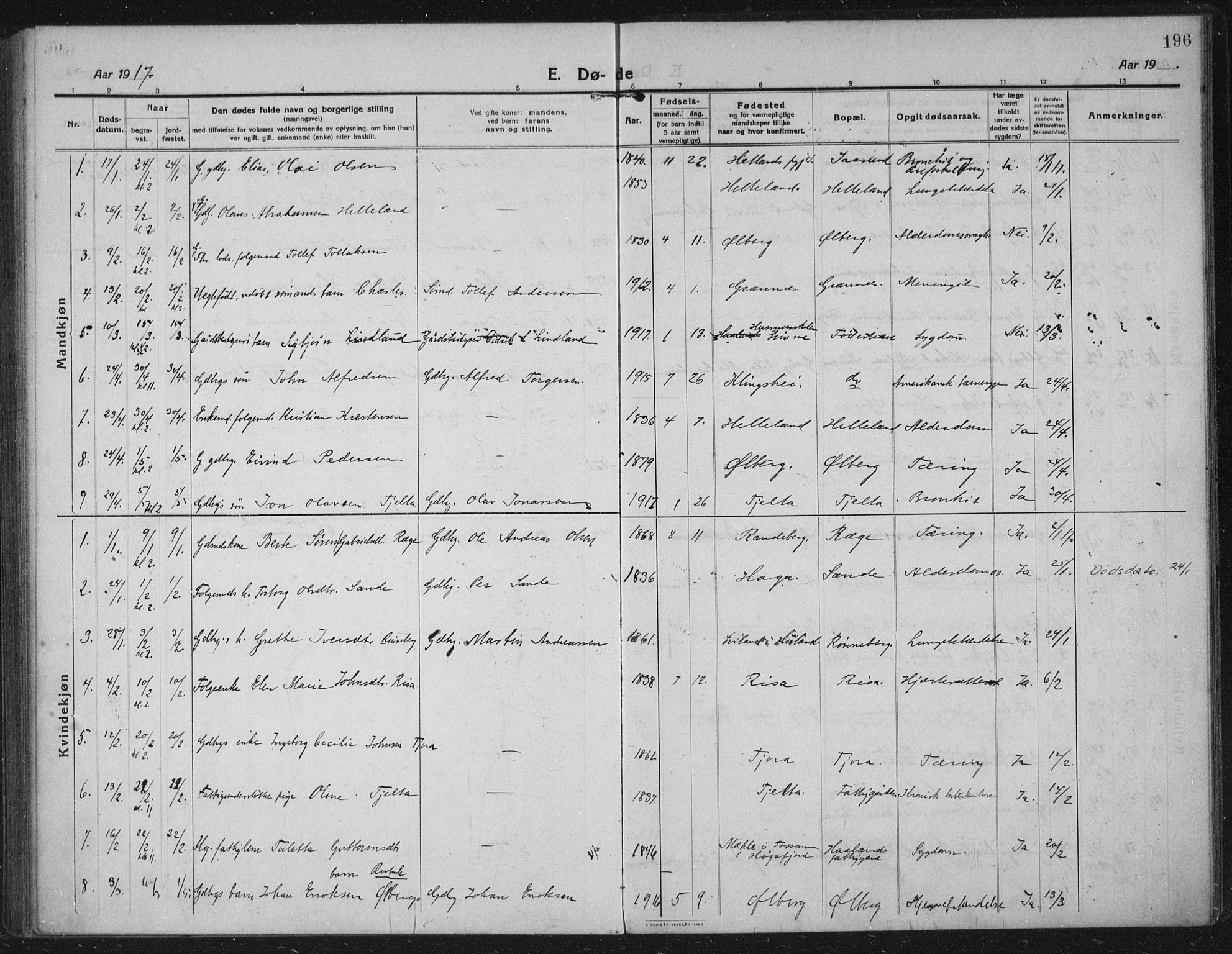 Håland sokneprestkontor, SAST/A-101802/002/C/L0001: Parish register (official) no. A 14, 1913-1927, p. 196