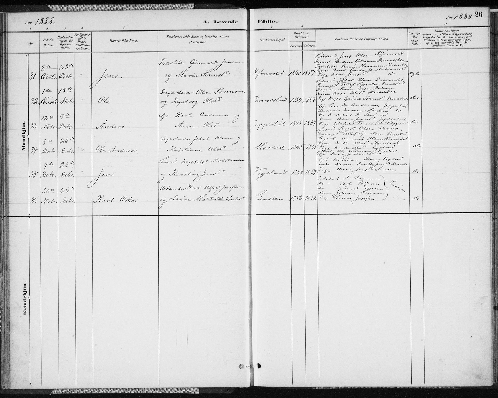 Vennesla sokneprestkontor, AV/SAK-1111-0045/Fa/Fab/L0004: Parish register (official) no. A 4, 1884-1896, p. 26