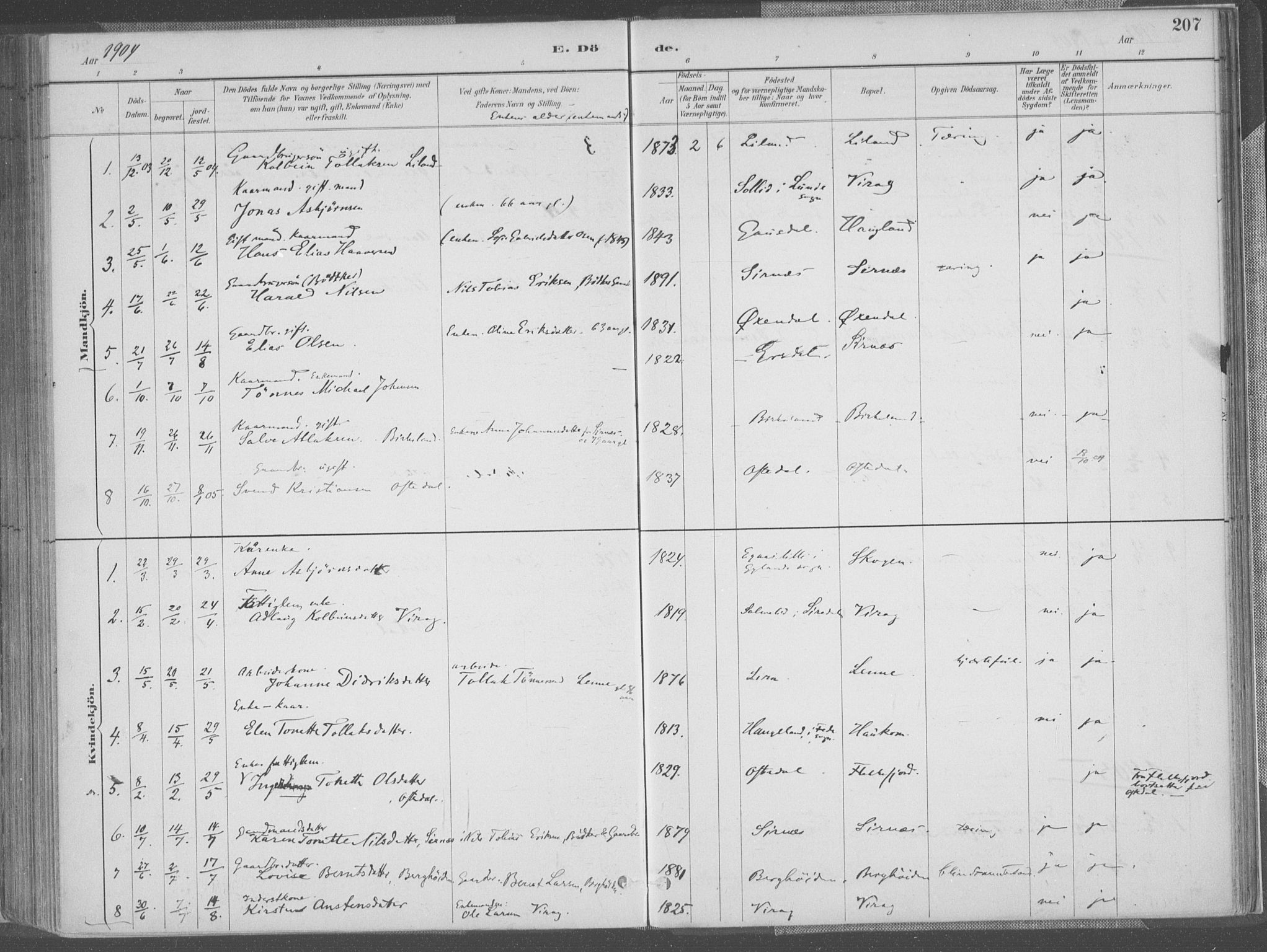 Bakke sokneprestkontor, SAK/1111-0002/F/Fa/Faa/L0008: Parish register (official) no. A 8, 1887-1911, p. 207