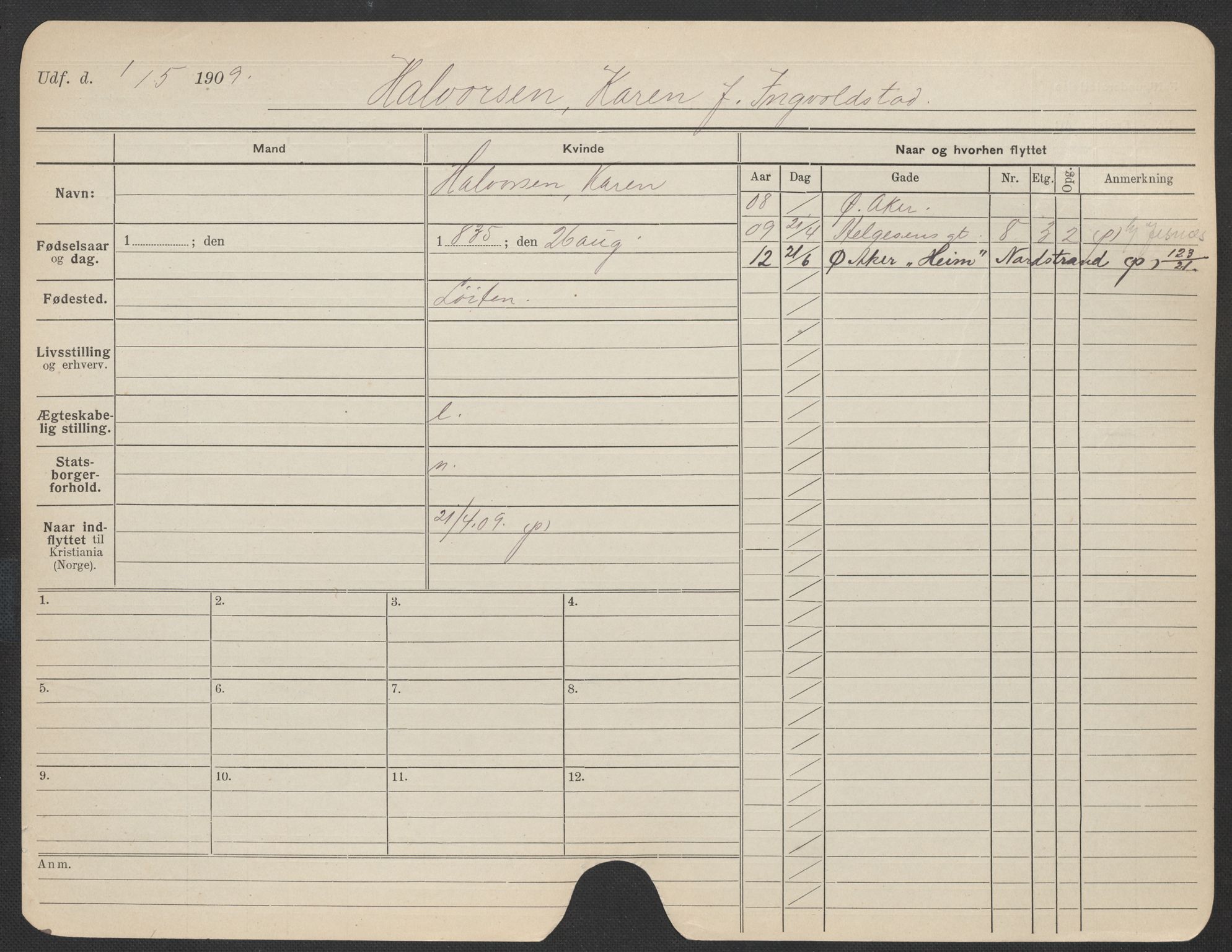 Oslo folkeregister, Registerkort, SAO/A-11715/F/Fa/Fac/L0015: Kvinner, 1906-1914, p. 800a