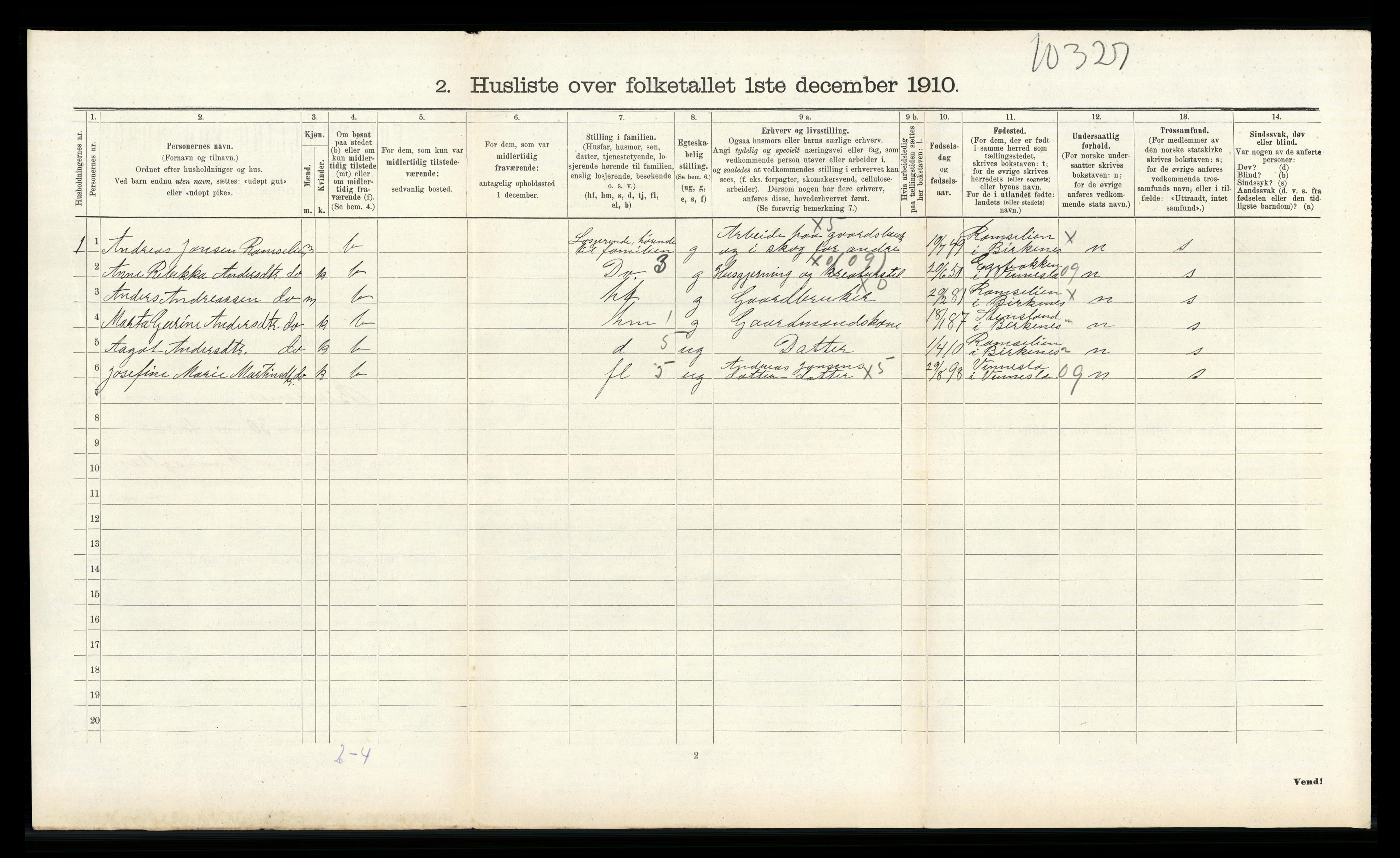 RA, 1910 census for Birkenes, 1910, p. 565