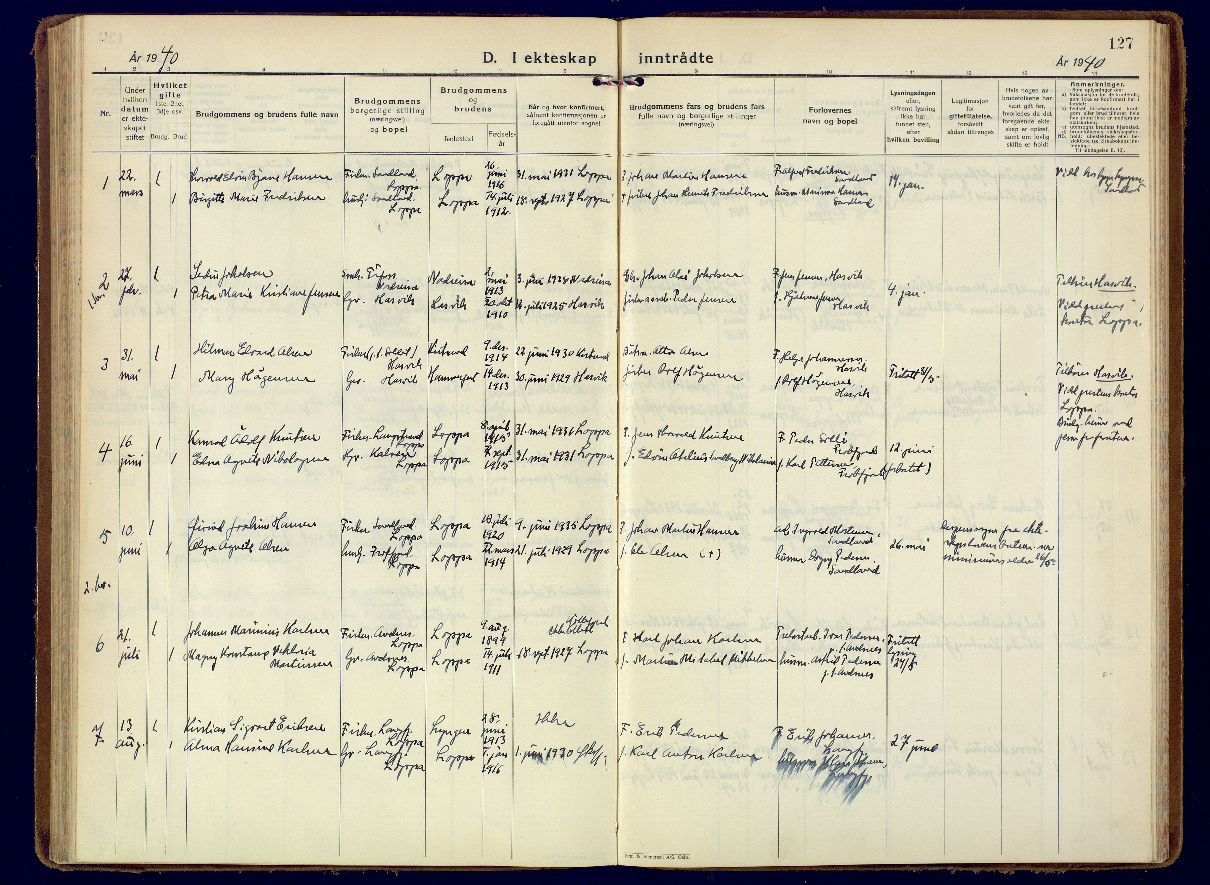 Loppa sokneprestkontor, AV/SATØ-S-1339/H/Ha/L0014kirke: Parish register (official) no. 14, 1933-1942, p. 127