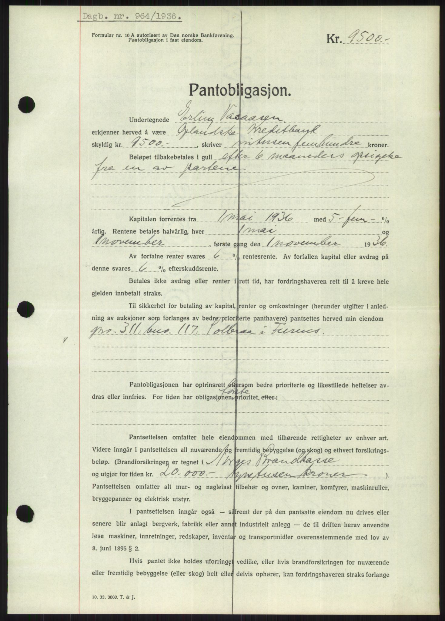 Nord-Hedmark sorenskriveri, AV/SAH-TING-012/H/Hb/Hbf/L0001: Mortgage book no. B1, 1936-1936, Diary no: : 964/1936